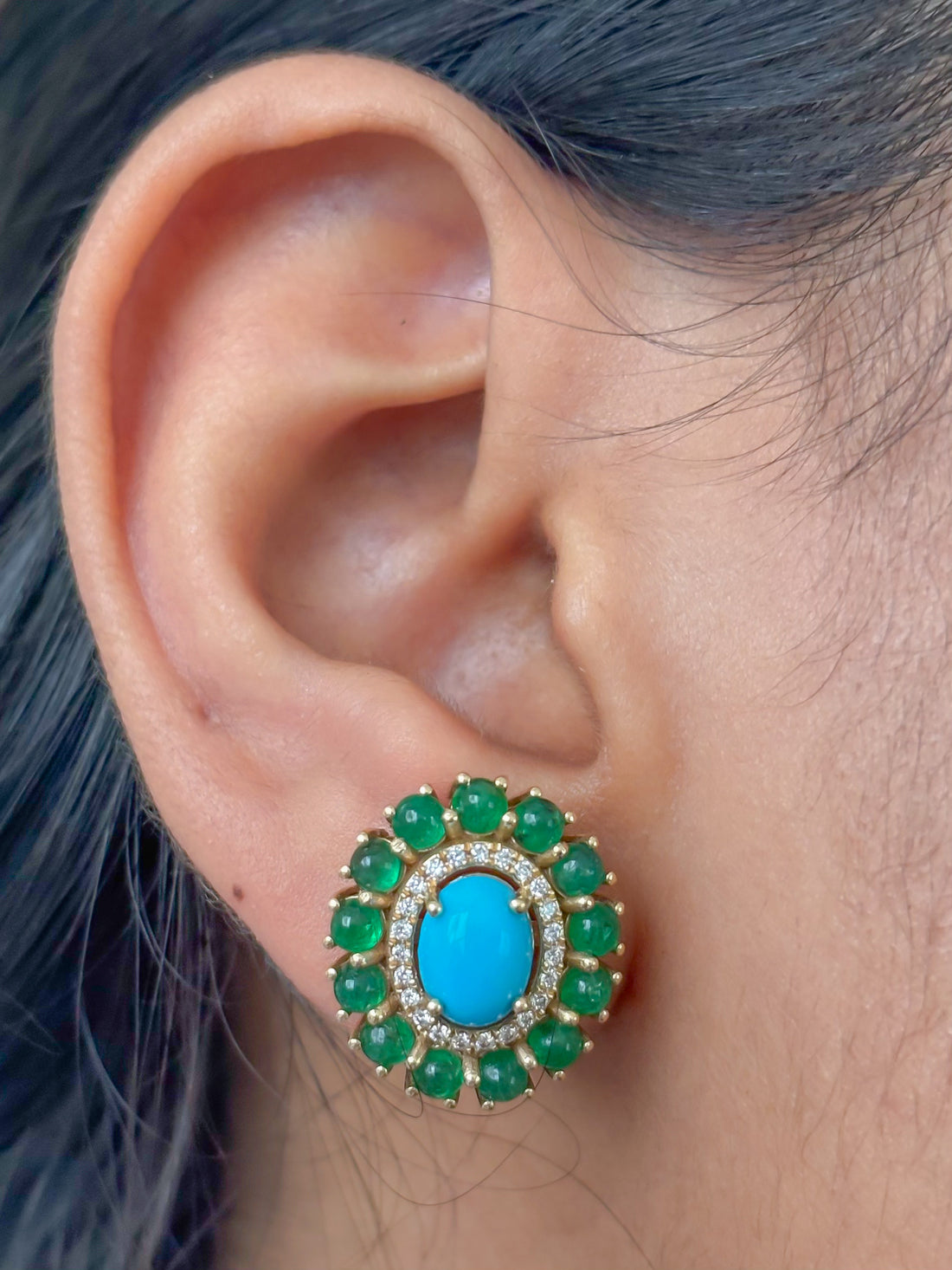 JPERG-4364/12192 Diamond Emerald Turquoise Earring | 14K
