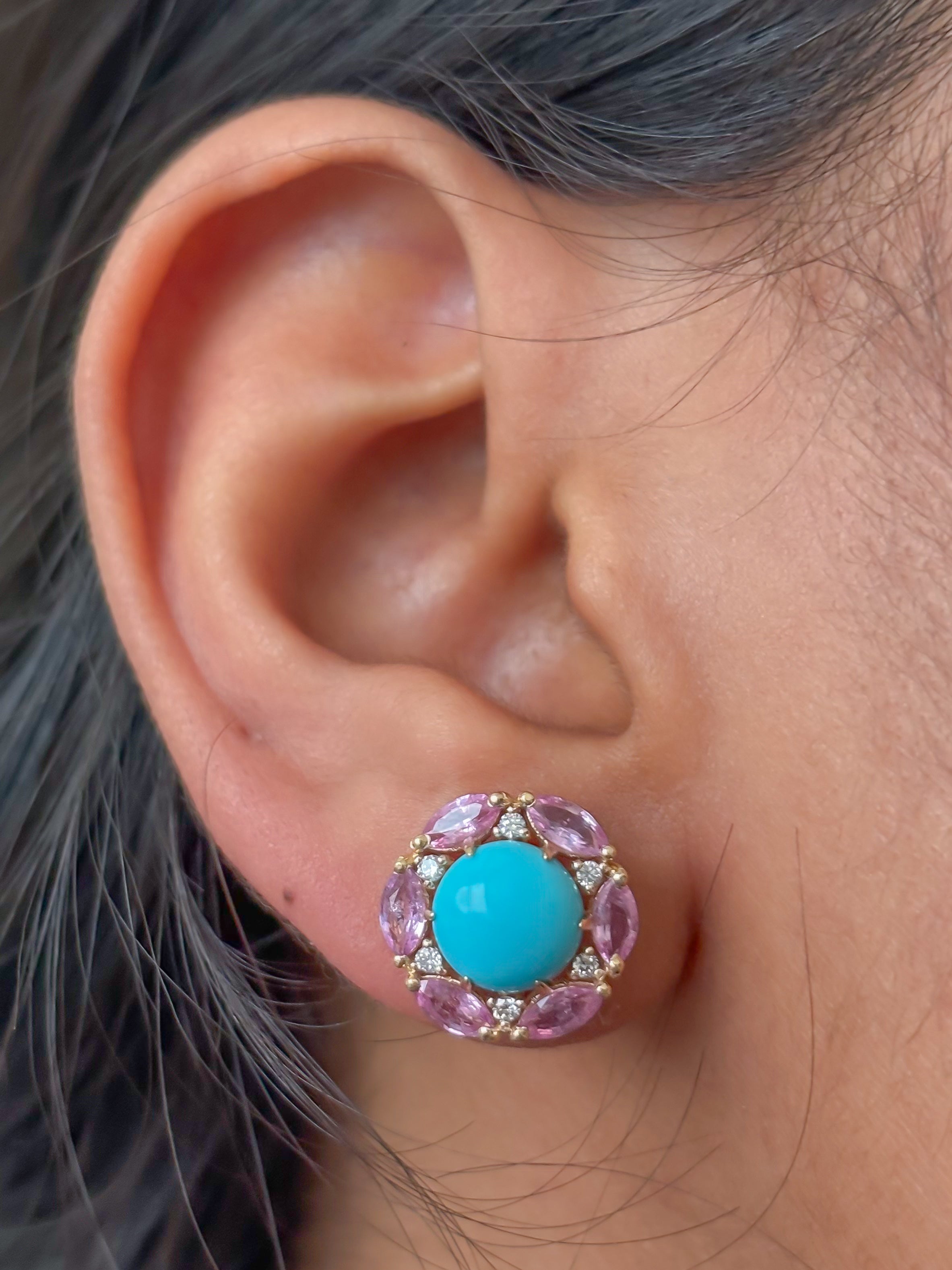 JPERG-4367/12195 Diamond Pink Sapphire Turquoise Earring | 14K