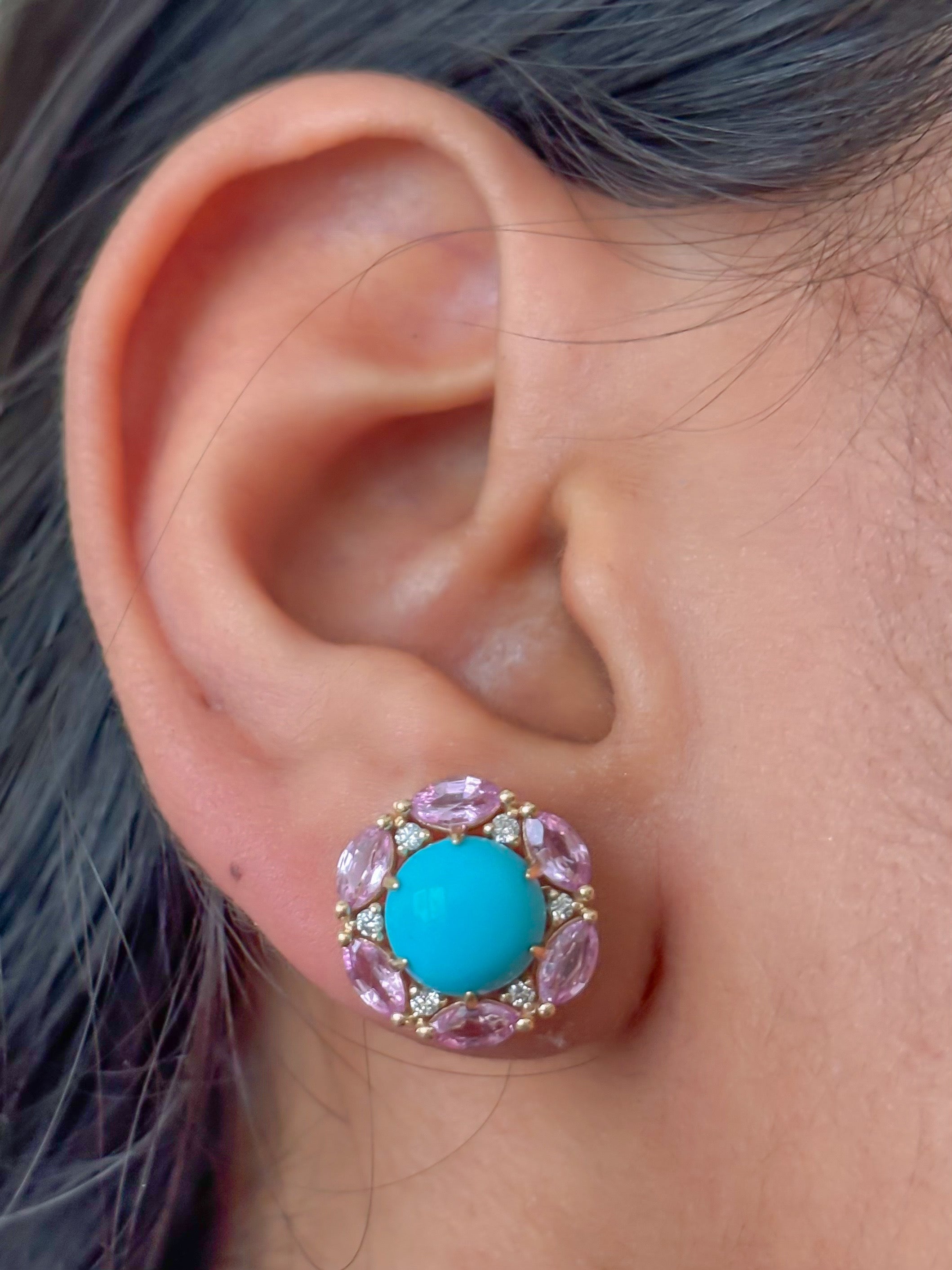 JPERG-4368/12196 Diamond Pink Sapphire Turquoise Earring | 14K