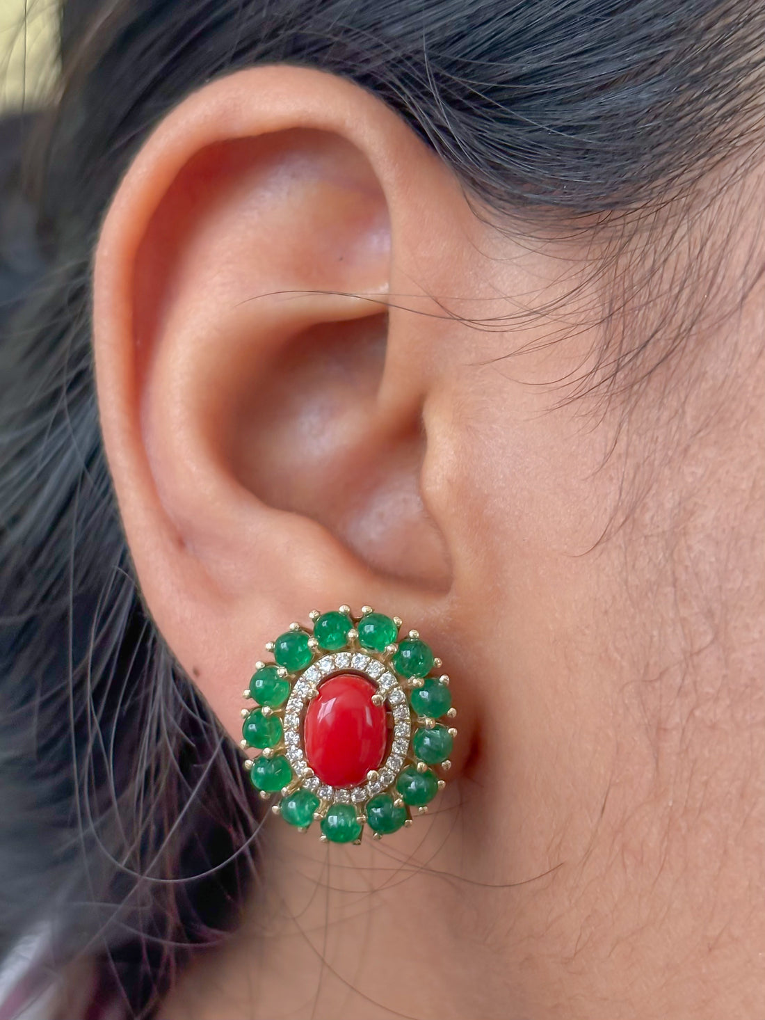 JPERG-4369/12198 Diamond Emerald Coral Earring | 14K
