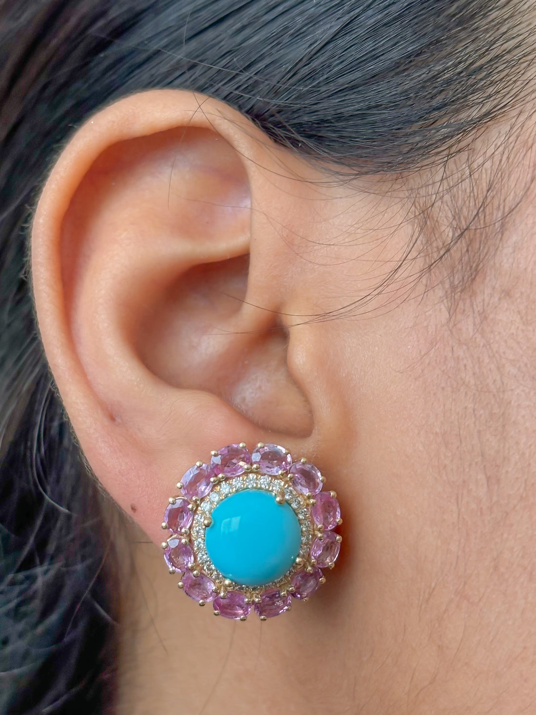 JPERG-4379/12230 Diamond Pink Sapphire Turquoise Earring | 14K