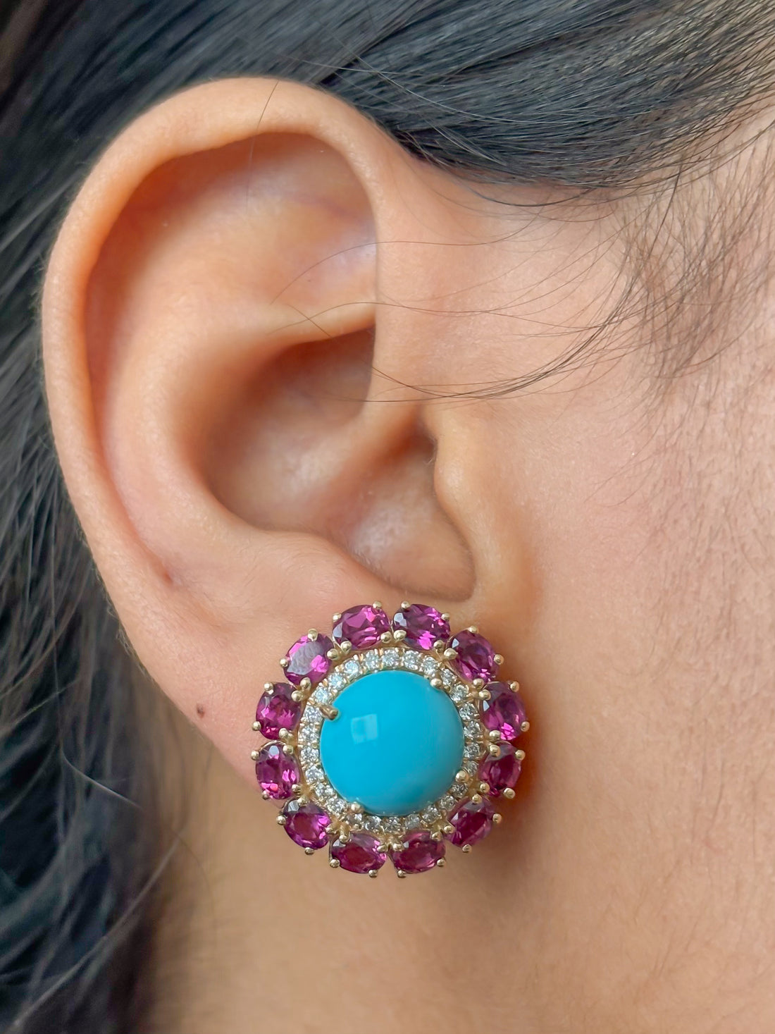 JPERG-4380/12231 Diamond Garnet Turquoise Earring | 14K