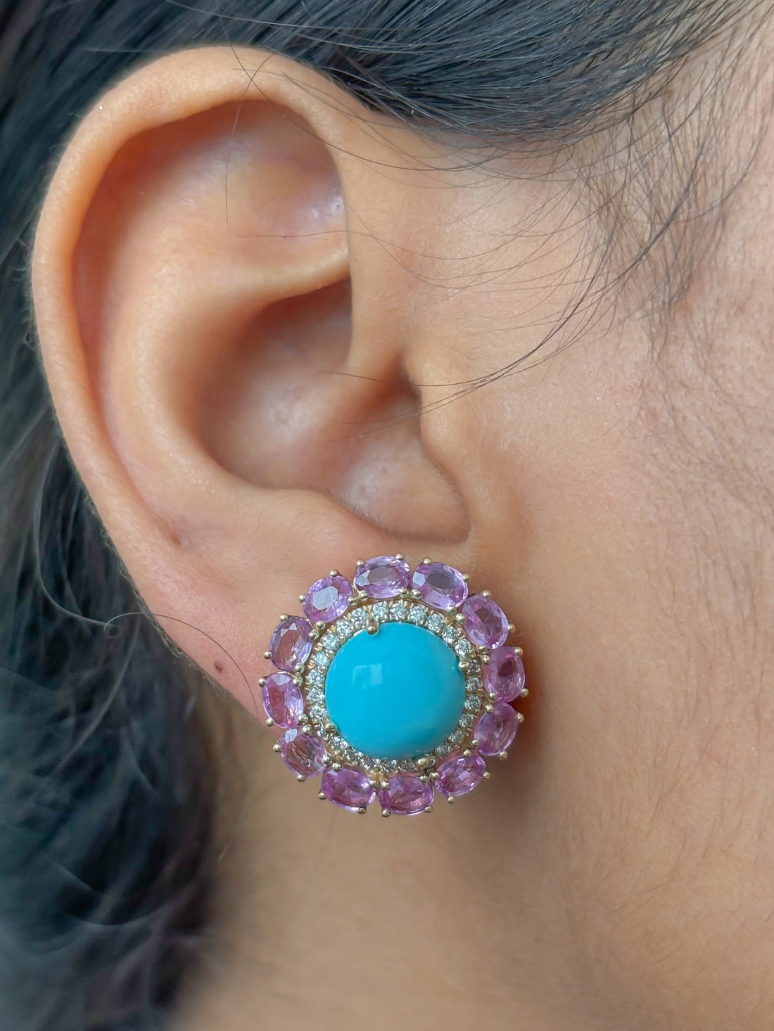 JPERG-4381/12232 Diamond Pink Sapphire Turquoise Earring | 14K