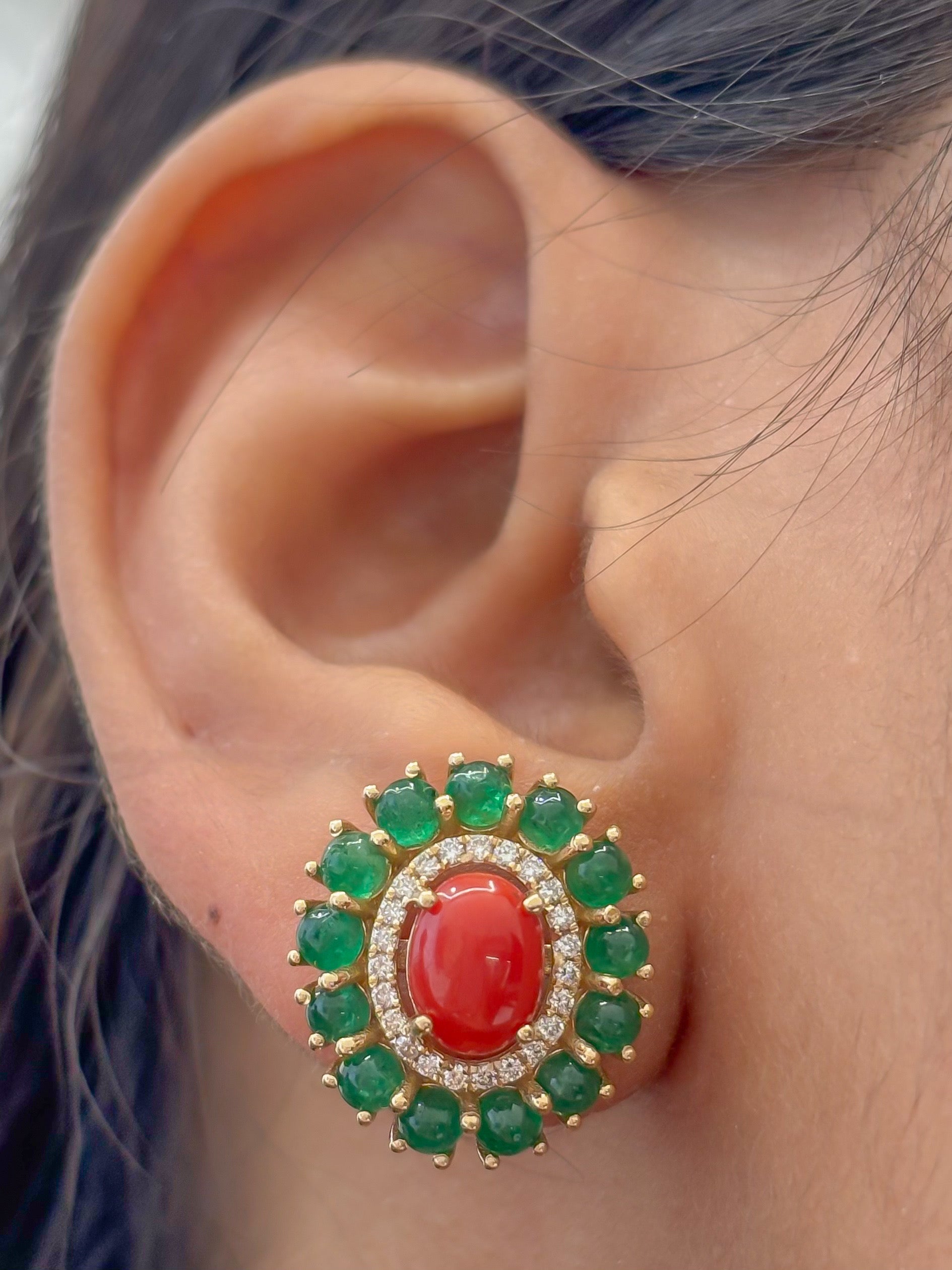 JPERG-4410/12383 Diamond Emerald Coral Earring | 14K