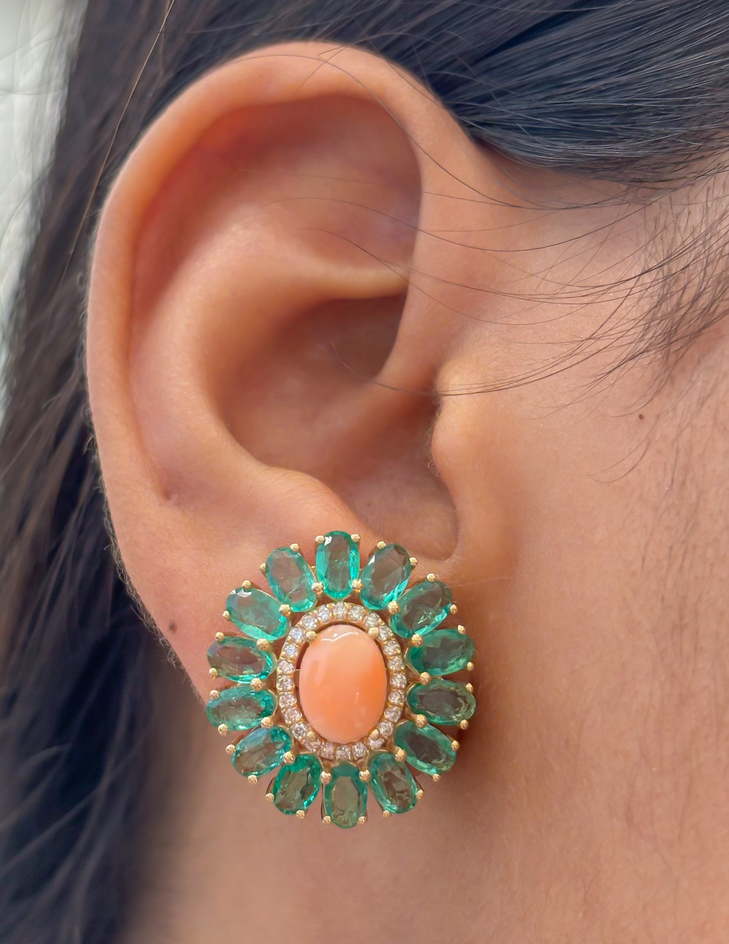 JPERG-4447/12562 Diamond Emerald Coral Earring | 14K
