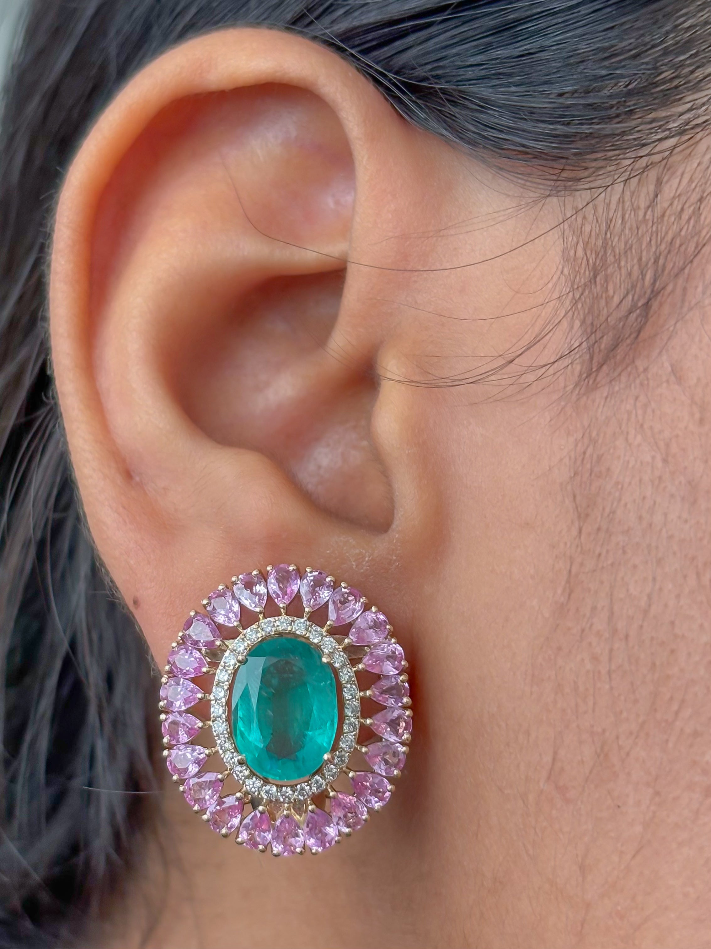 JPERG-4515/12810 Pink Sapphire Emerald Diamond Earring | 14K