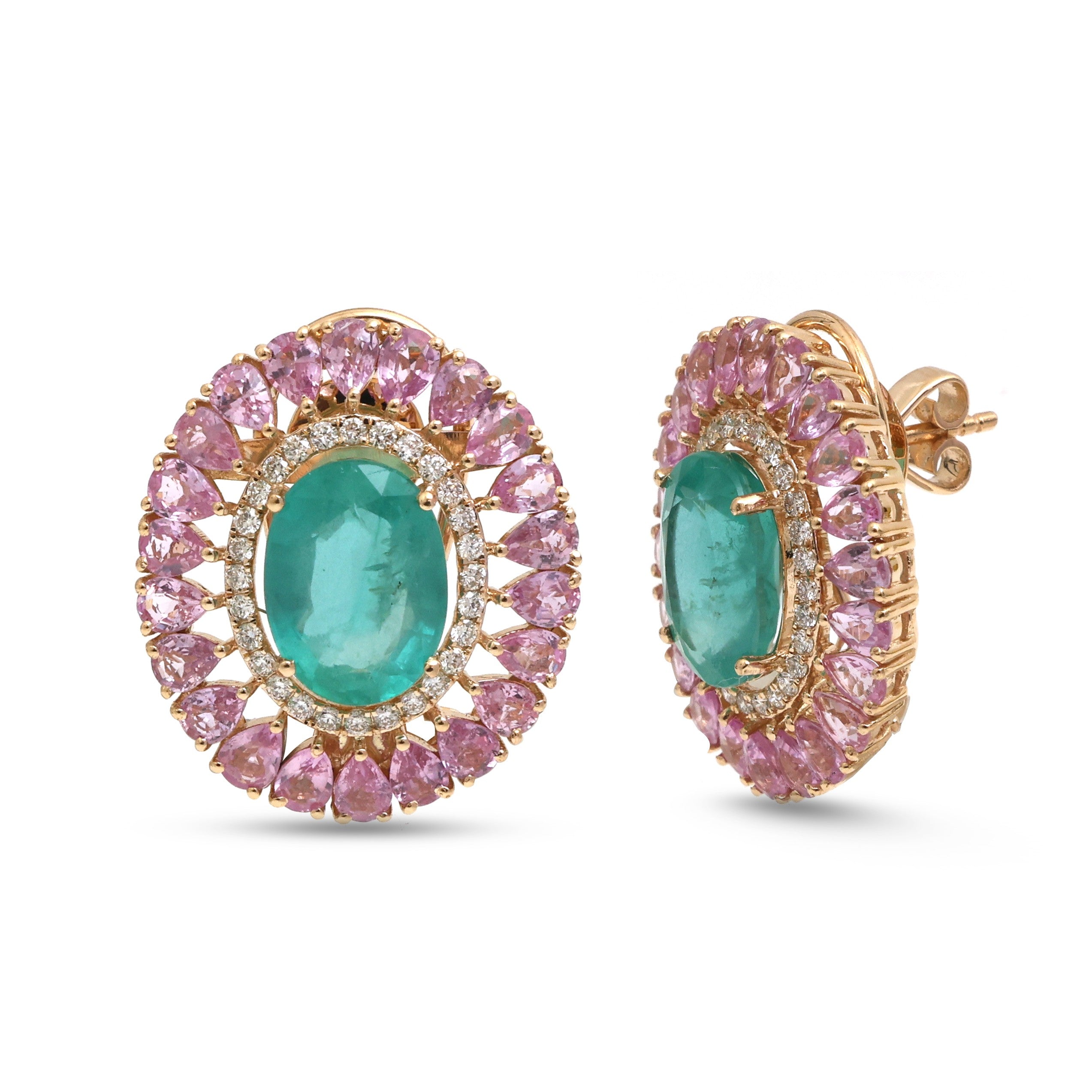 JPERG-4515/12810 Pink Sapphire Emerald Diamond Earring | 14K