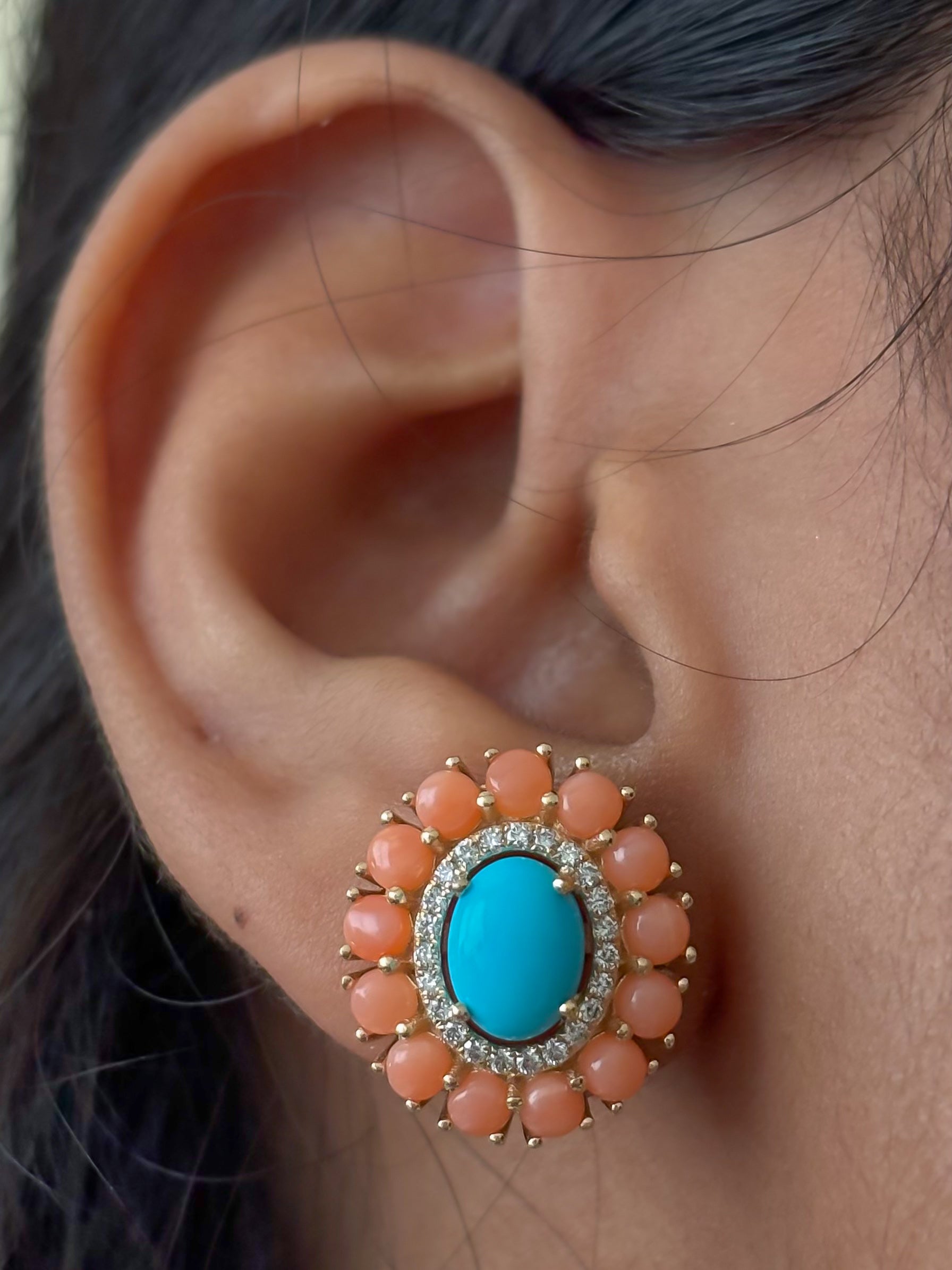 JPERG-4560/12905 Diamond Coral Turquoise Earring | 14K