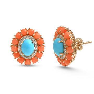 JPERG-4560/12905 Diamond Coral Turquoise Earring | 14K
