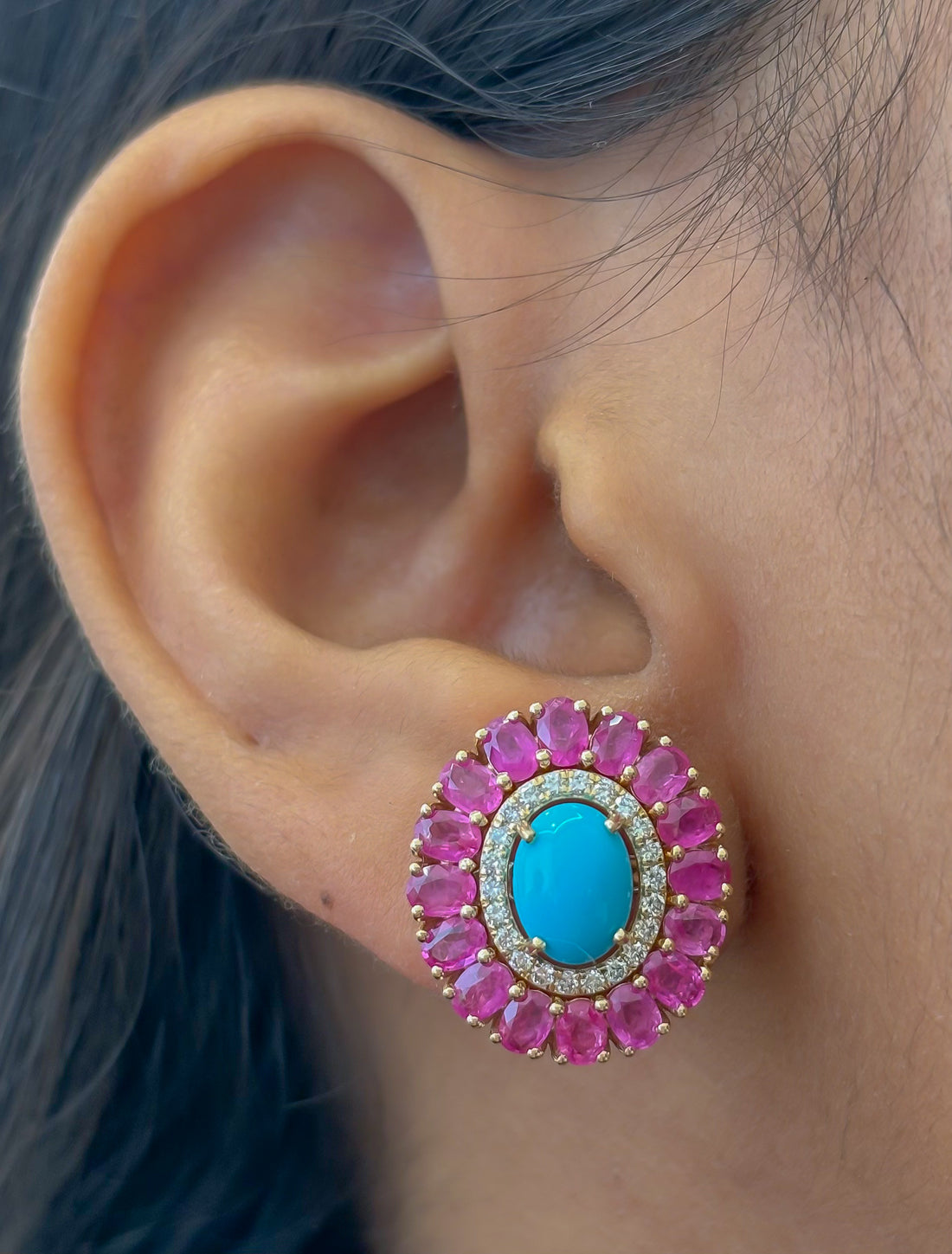 JPERG-4577/12949 Turquoise Pink Sapphire Diamond Earring | 14K