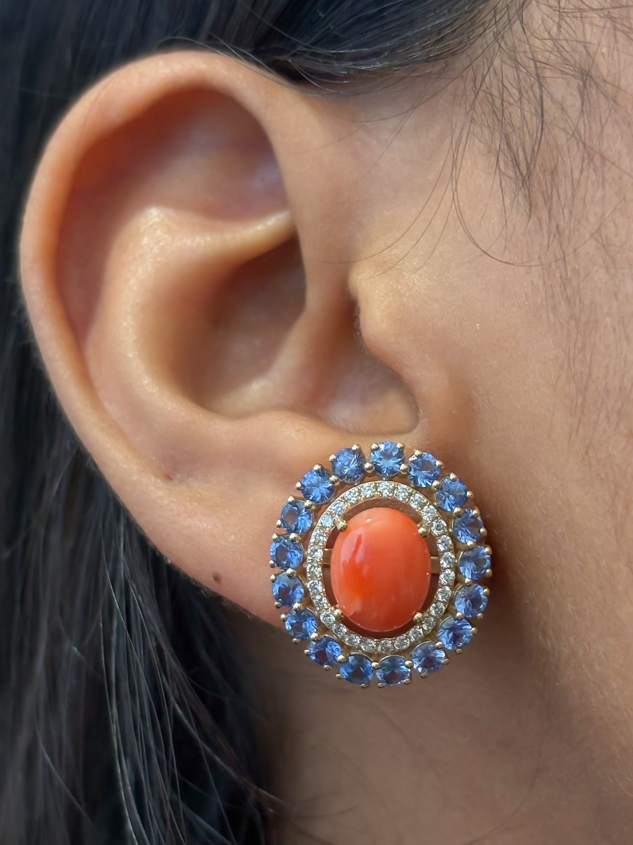 JPERG-4582/12963 Diamond Blue Sapphire Coral Earring | 14K
