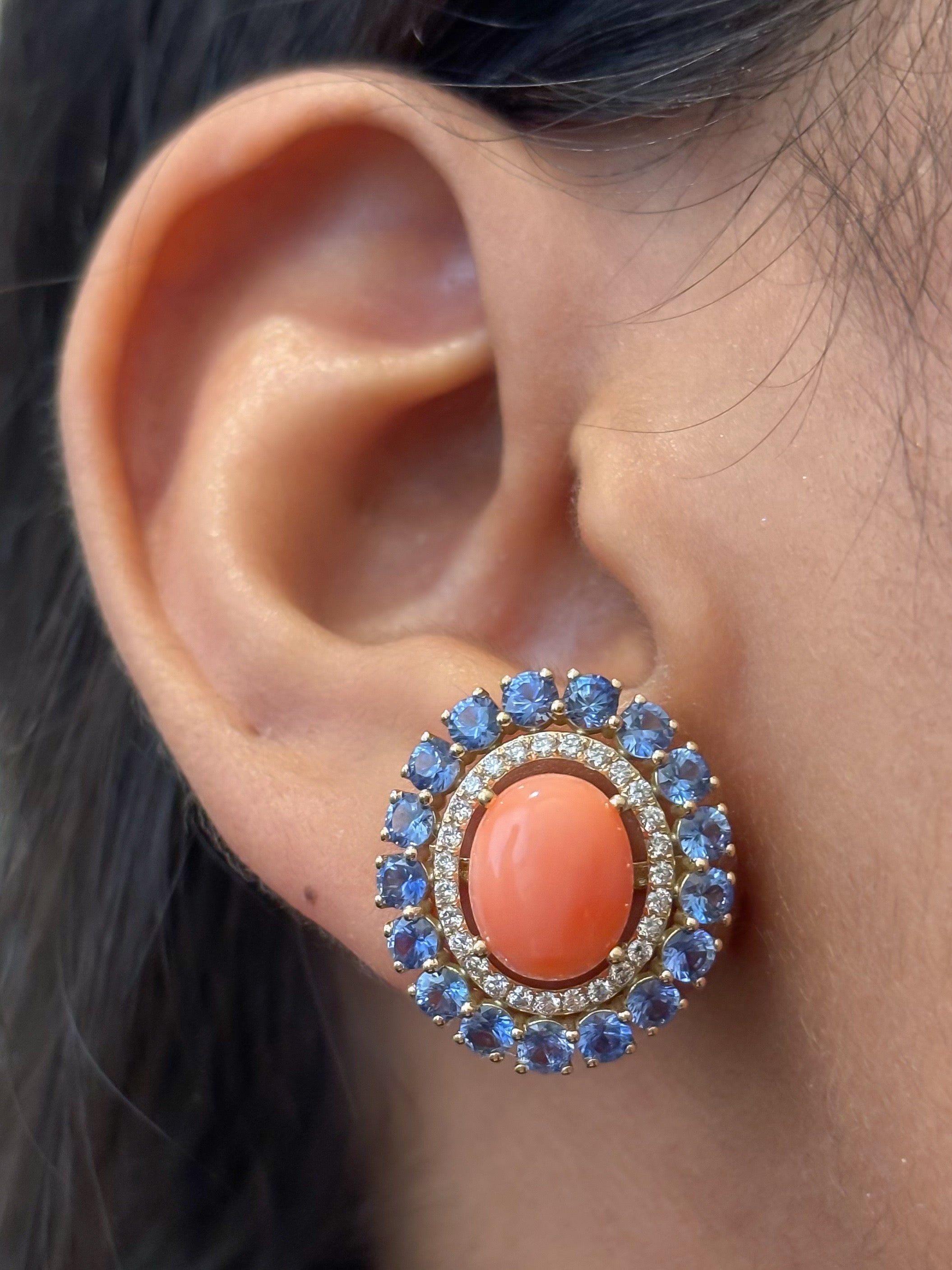 JPERG-4583/12964 Diamond Blue Sapphire Coral Earring | 14K