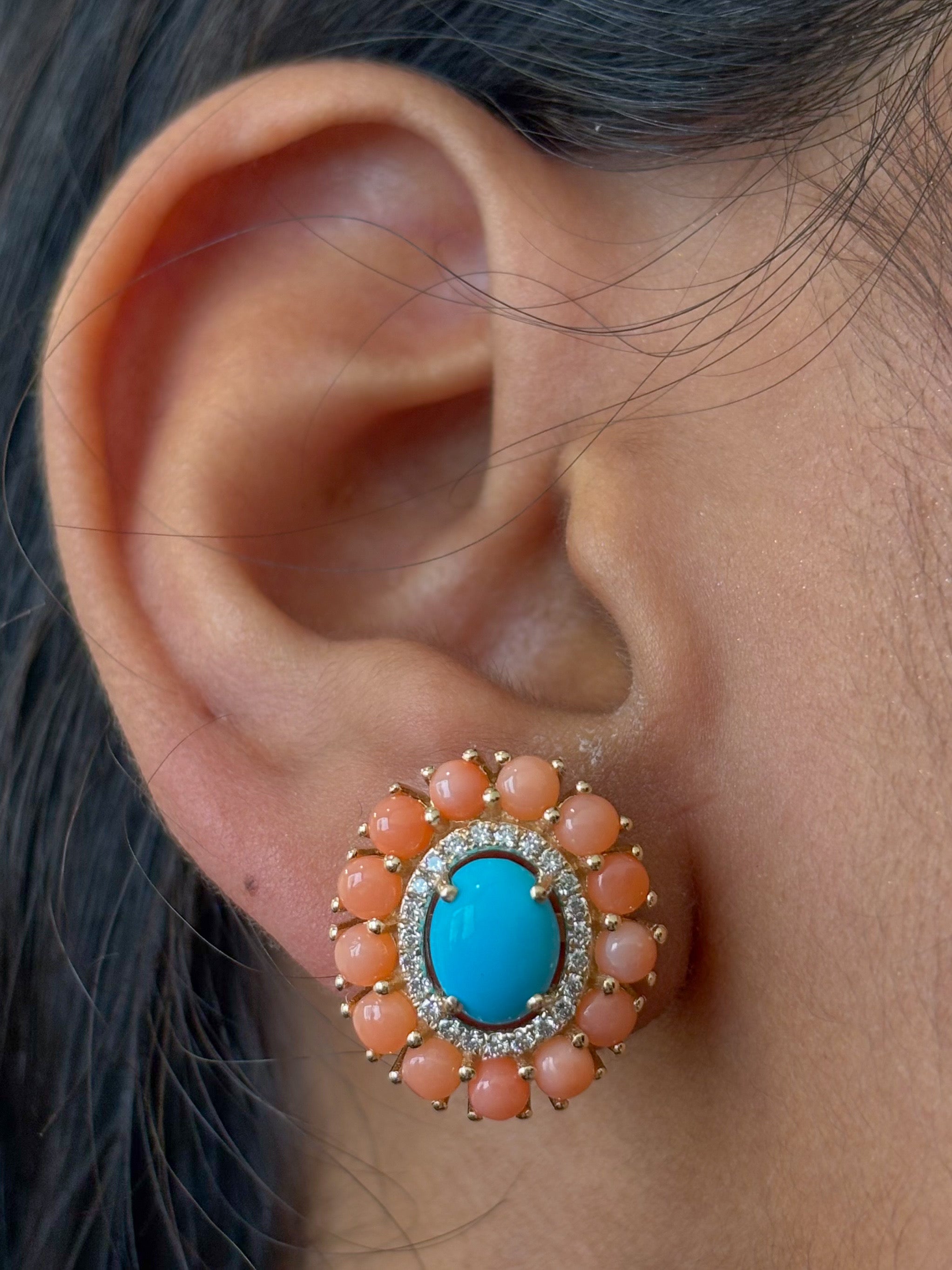 JPERG-4614/13044 Diamond Coral Turquoise Earring | 14K