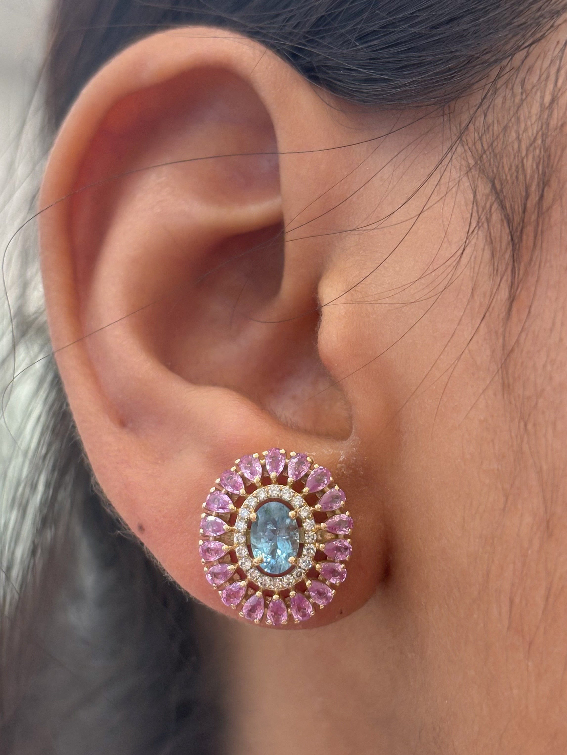 JPERG-4642/13195 Diamond Pink Sapphire Aquamarine Earring | 14K