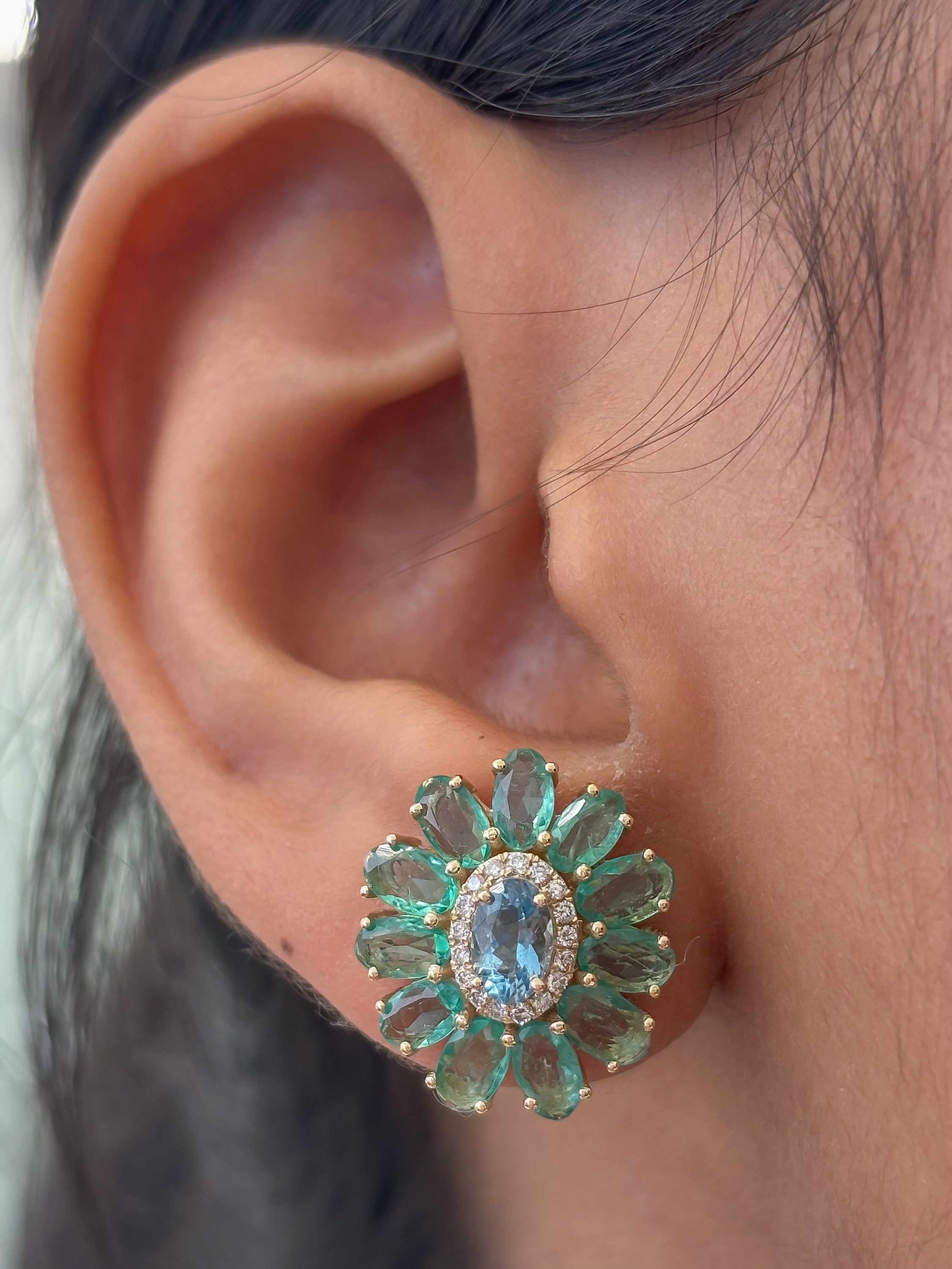 JPERG-4645/13198 Diamond Emerald Aquamarine Earring | 14K