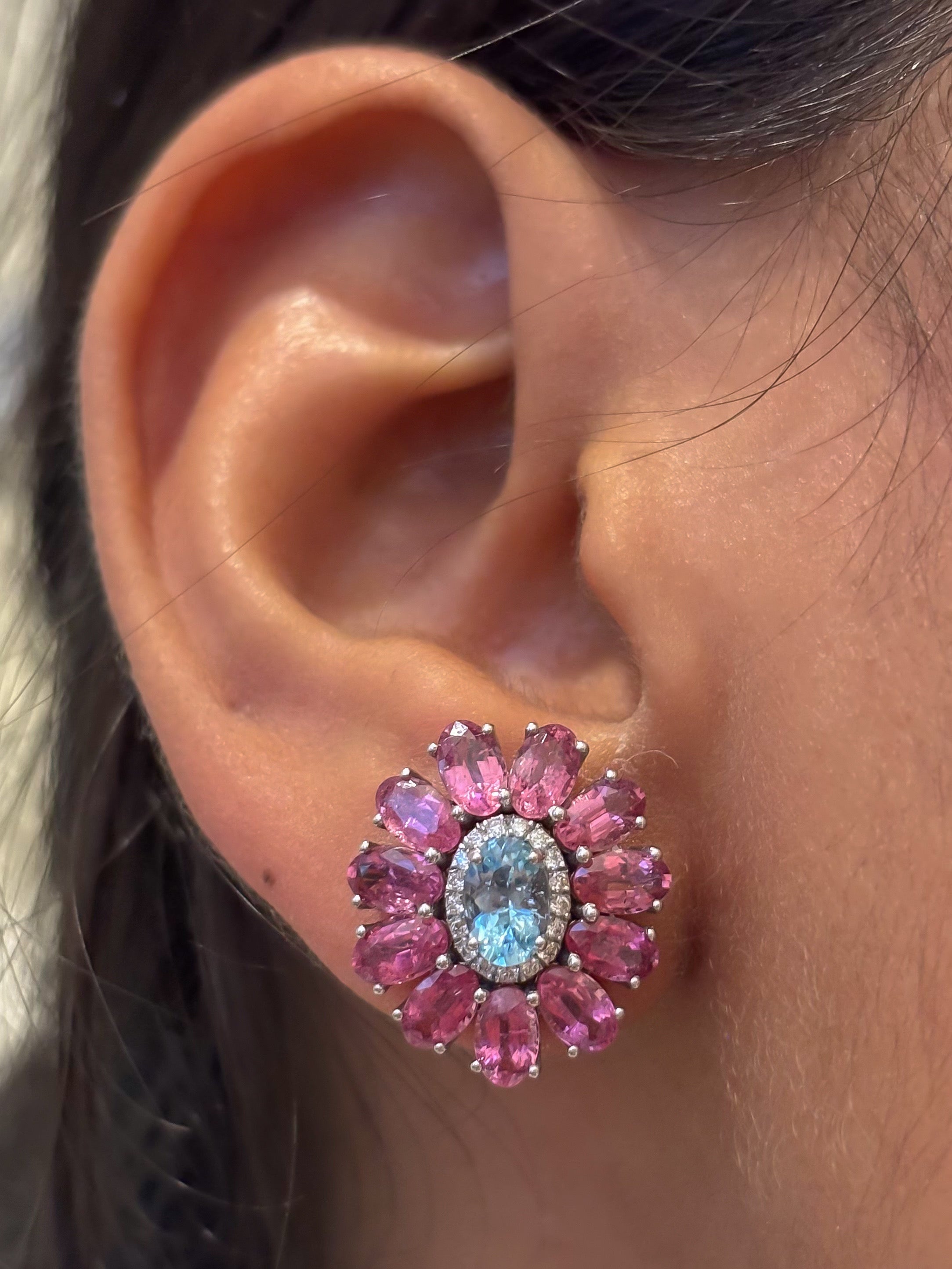 JPERG-4648/13201 Diamond Rubillite Aquamarine Earring | 14K