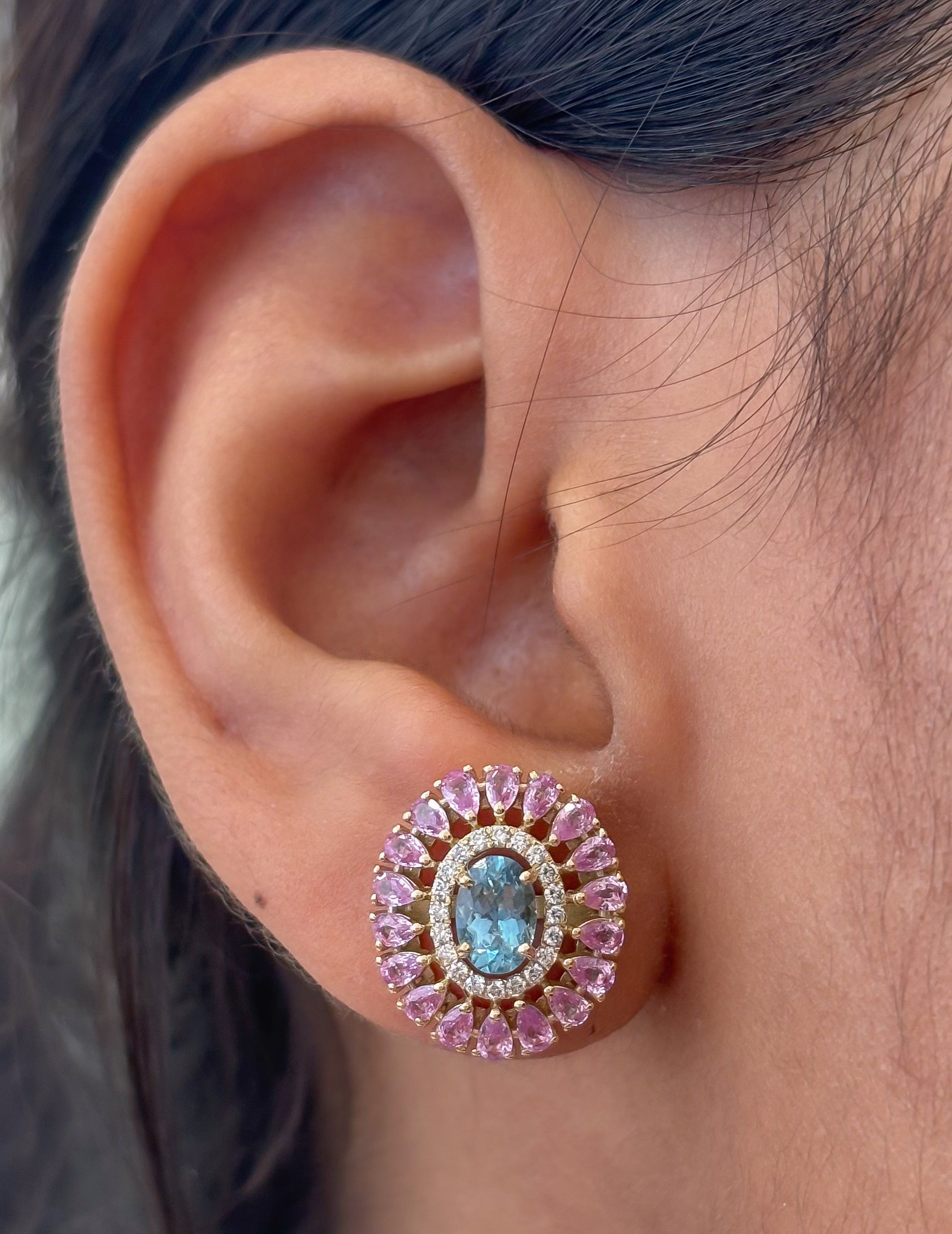 JPERG-4650/13204 Diamond Pink Sapphire Aquamarine Earring | 14K
