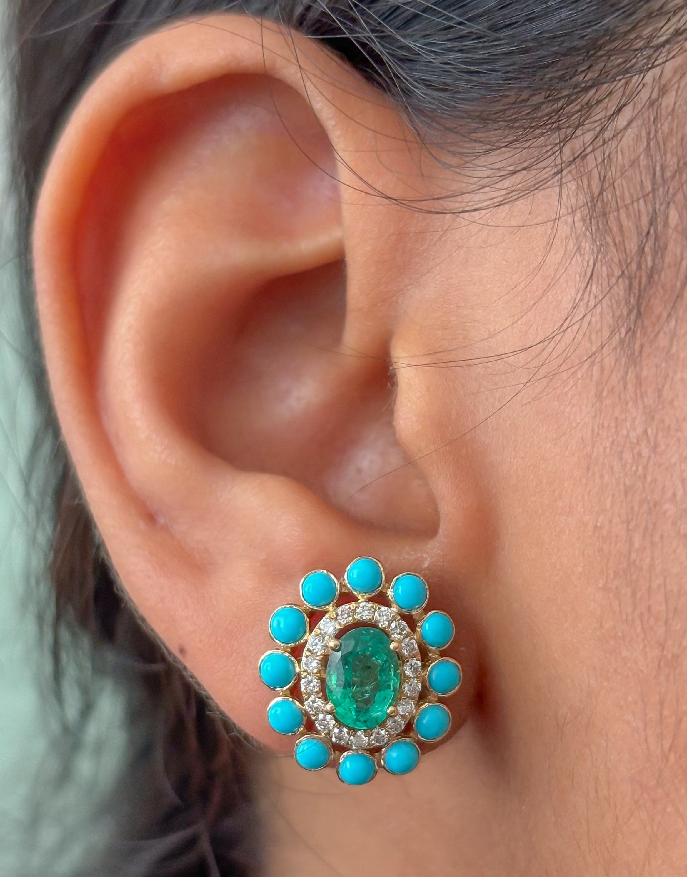 JPERG-4669/13259 Turquoise Emerald Diamond Earring | 14K