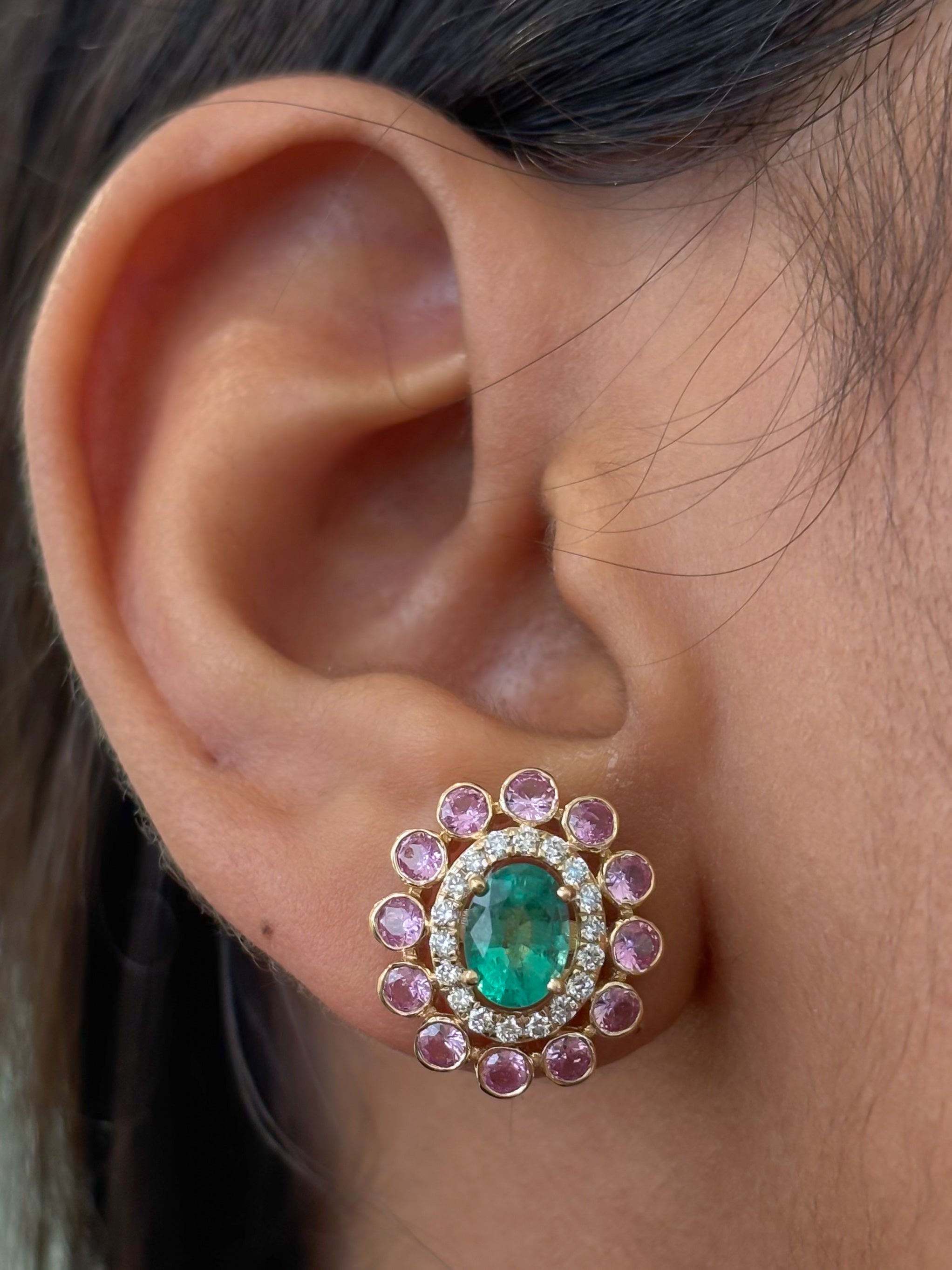 JPERG-4673/13263 Pink Sapphire Emerald Diamond Earring | 14K