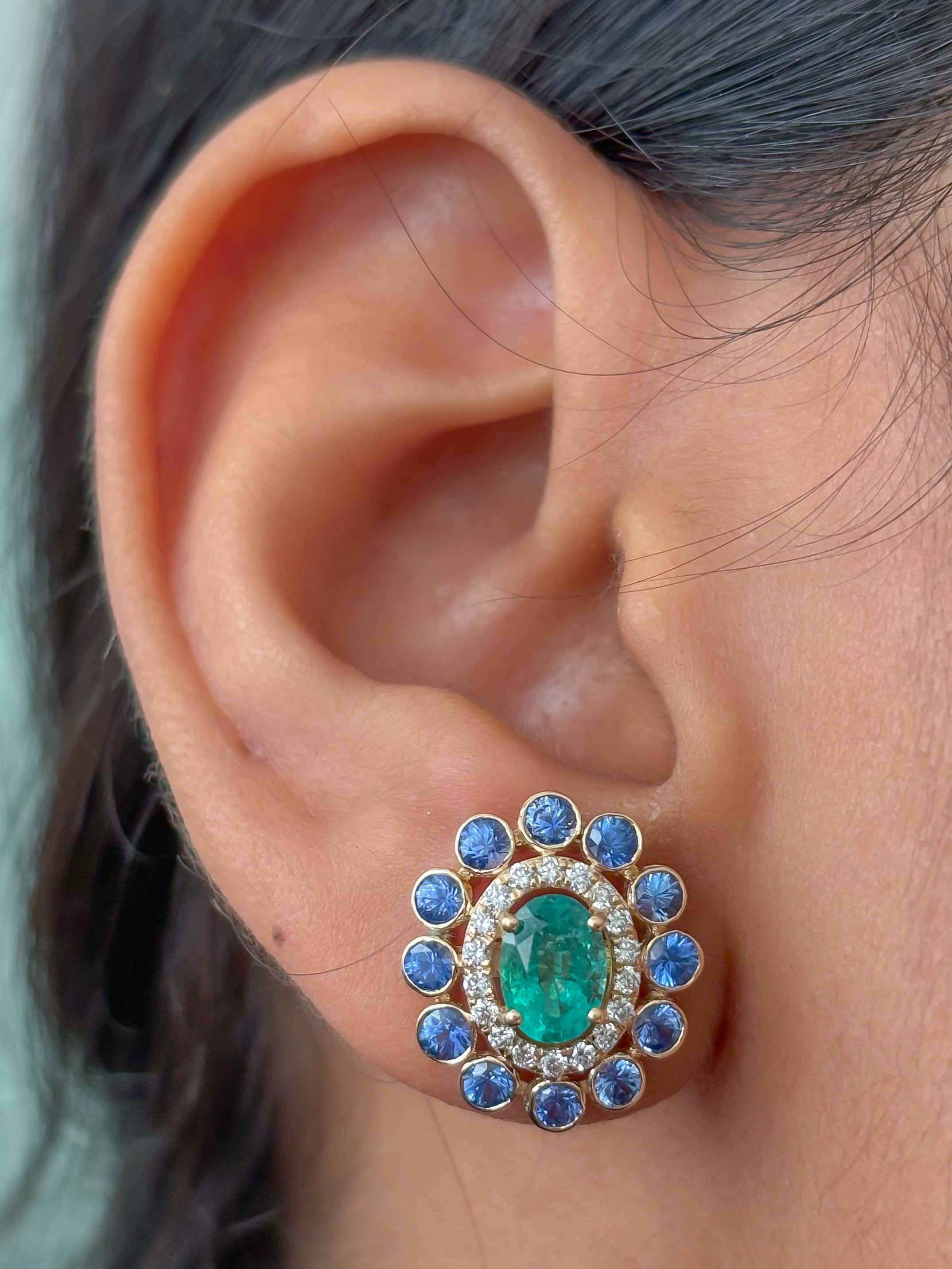 JPERG-4674/13264 Blue Sapphire Emerald Diamond Earring | 14K