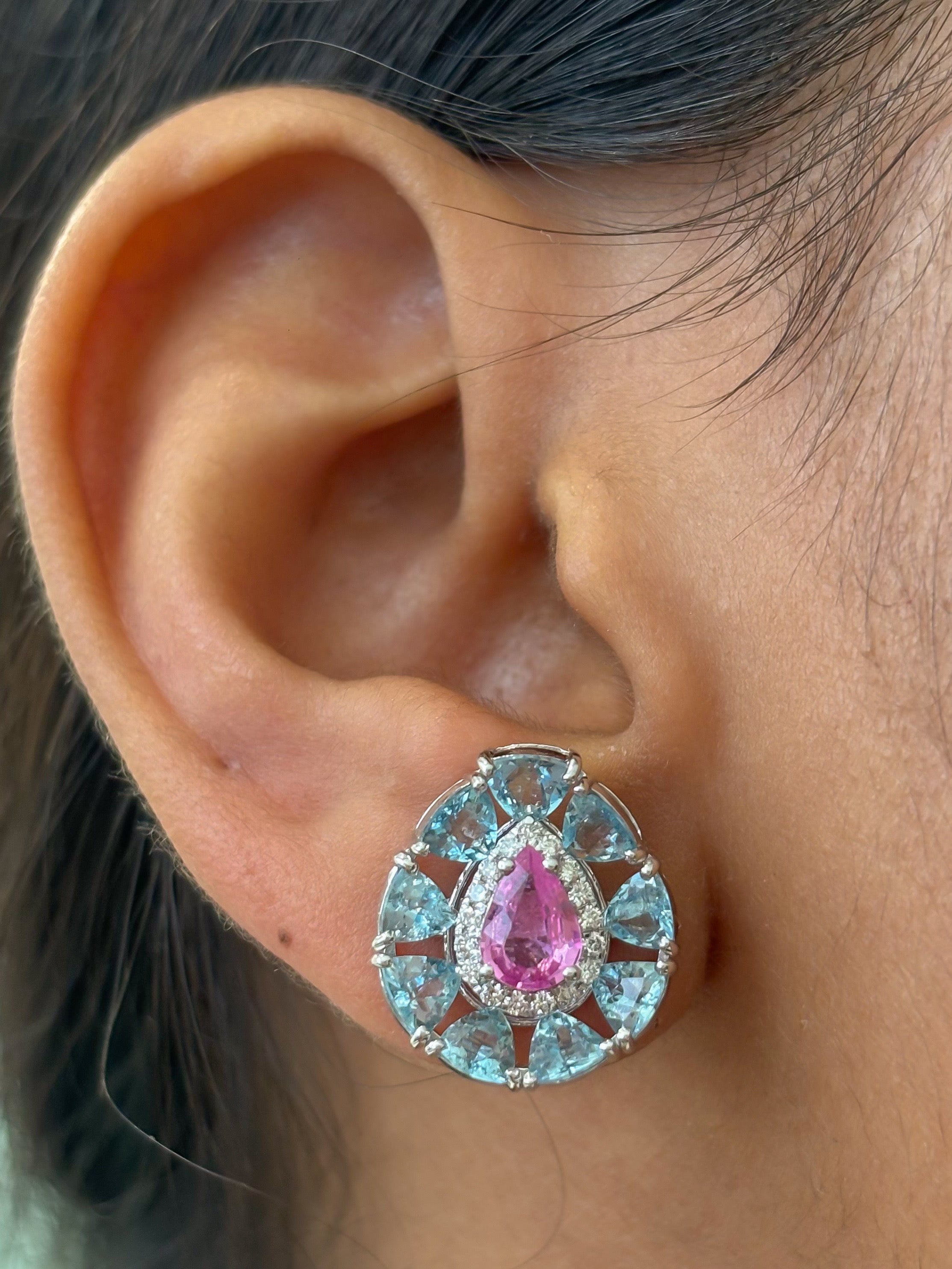 JPERG-4686/13294 Aquamarine Pink Sapphire Diamond Earring | 14K