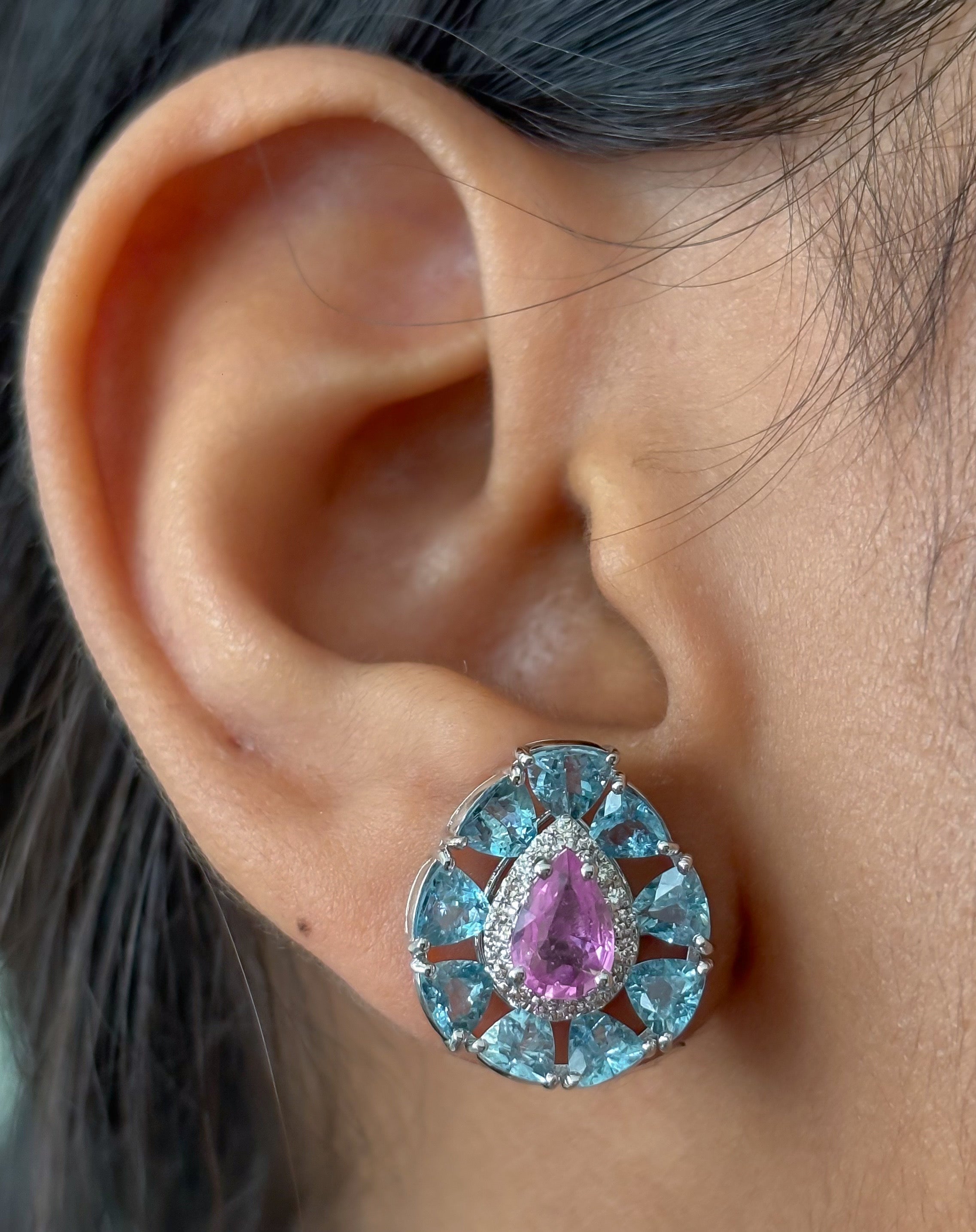 JPERG-4692/13358 Aquamarine Pink Sapphire Diamond Earring | 14K