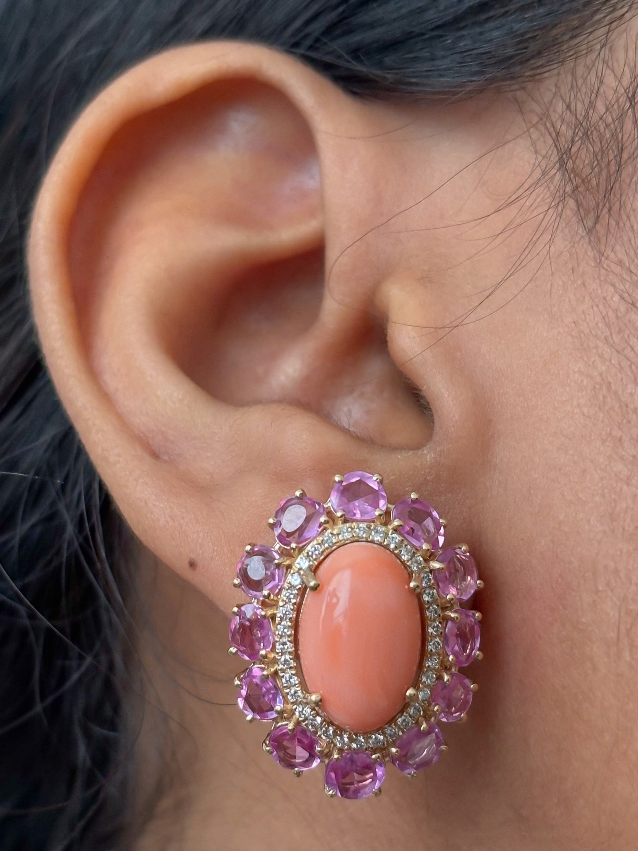 JPERG-4727/13423 Coral Pink Sapphire Diamond Earring | 14K