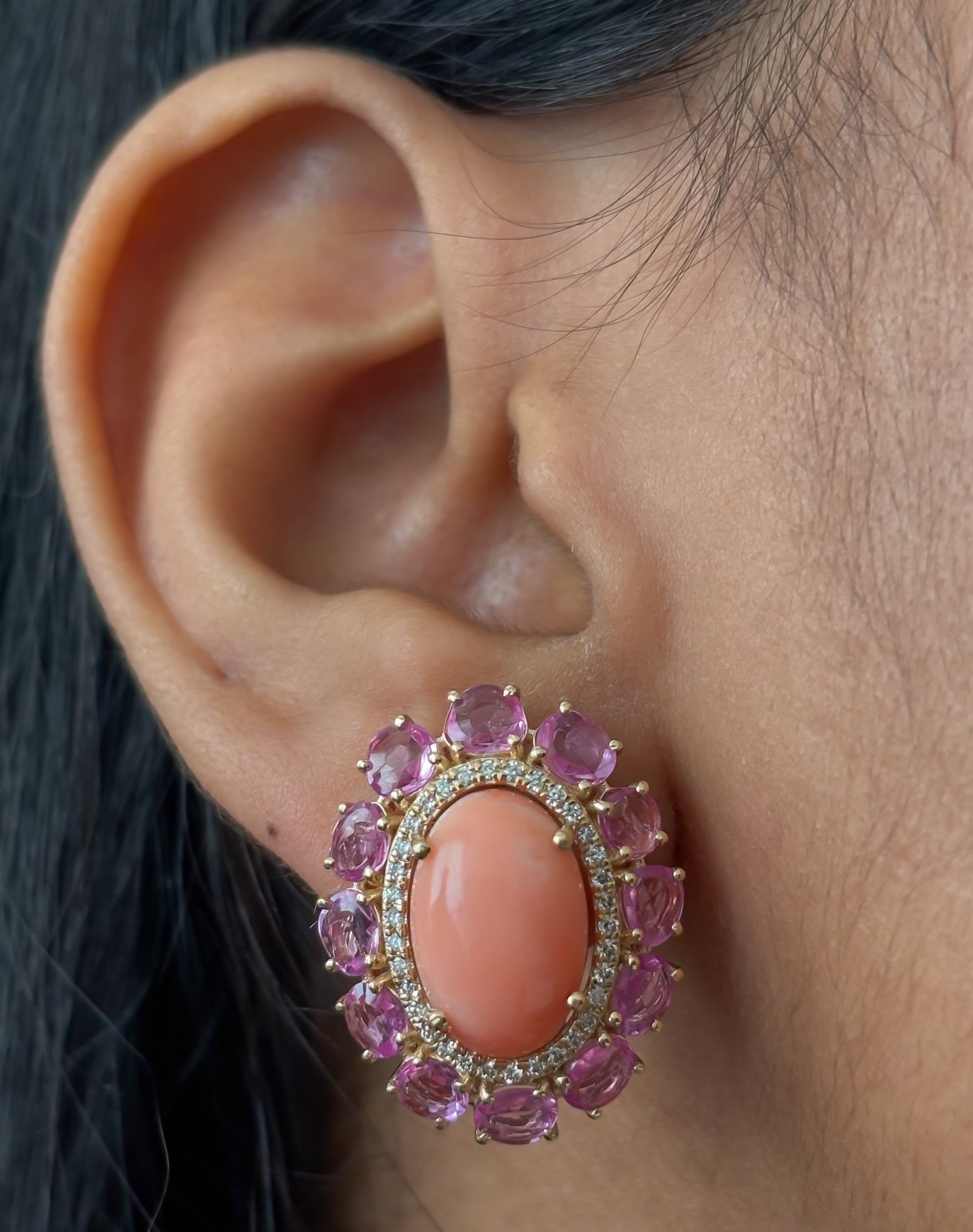 JPERG-4728/13424 Coral Pink Sapphire Diamond Earring | 14K