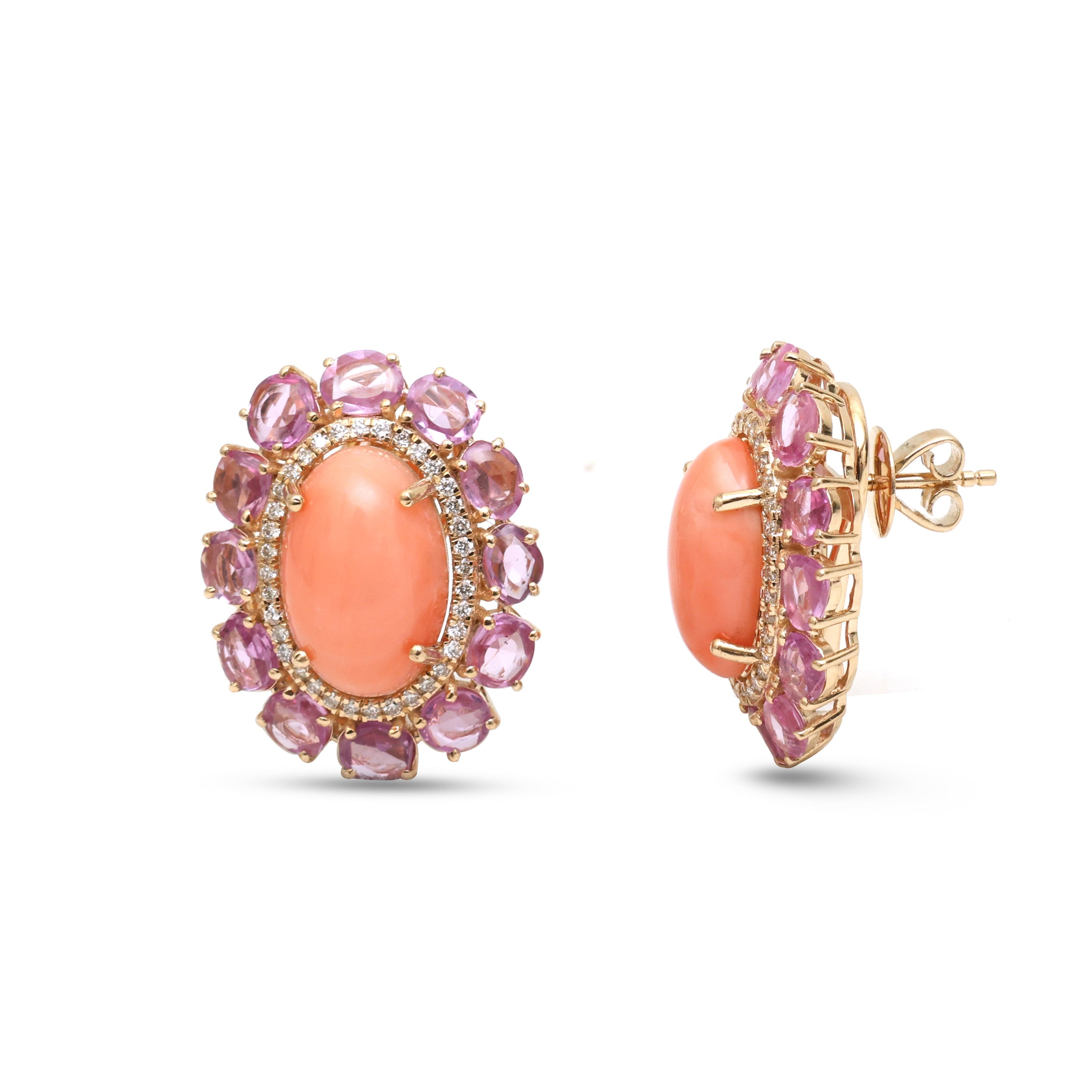 JPERG-4728/13424 Coral Pink Sapphire Diamond Earring | 14K