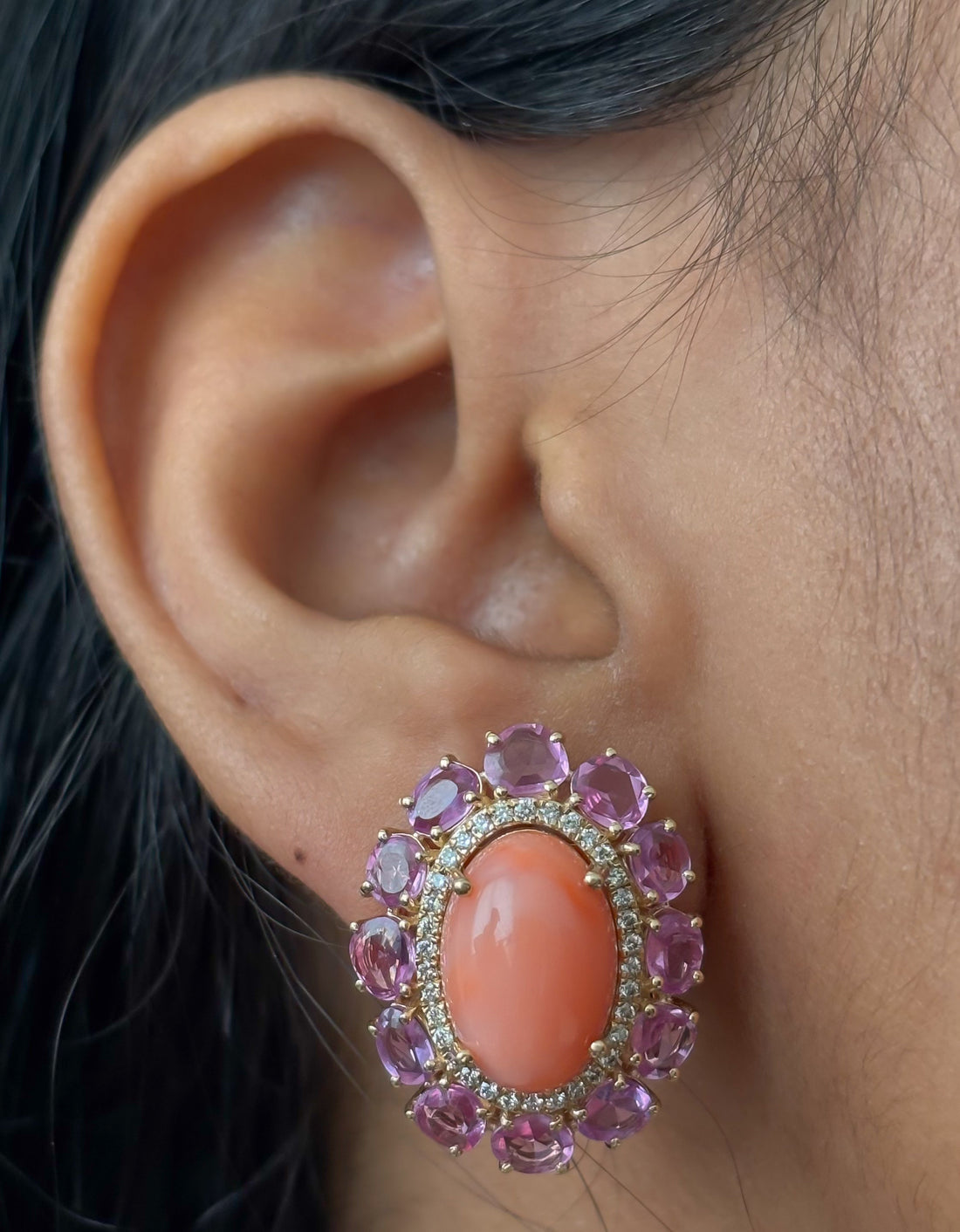 JPERG-4729/13425 Coral Pink Sapphire Diamond Earring | 14K
