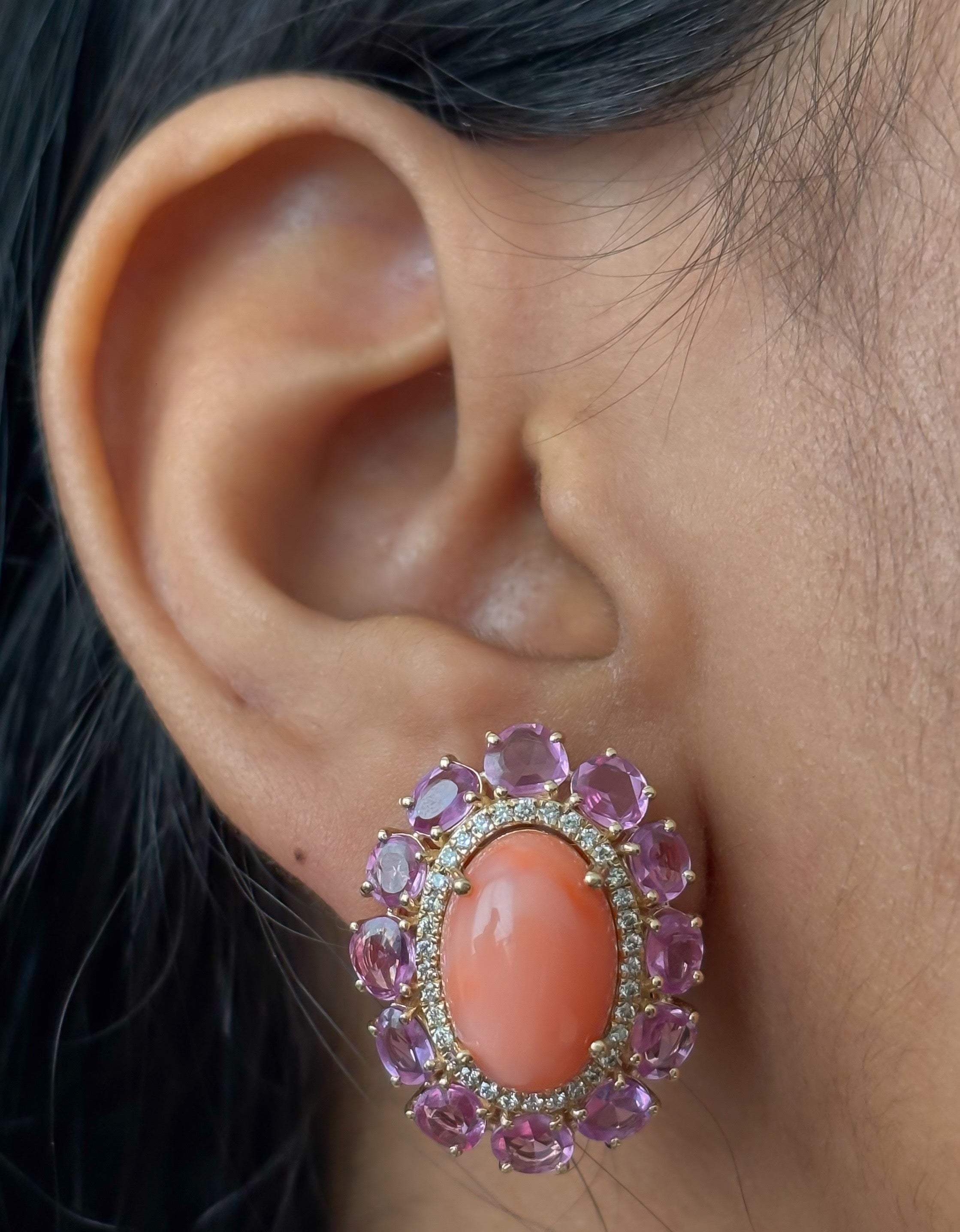 JPERG-4729/13425 Coral Pink Sapphire Diamond Earring | 14K