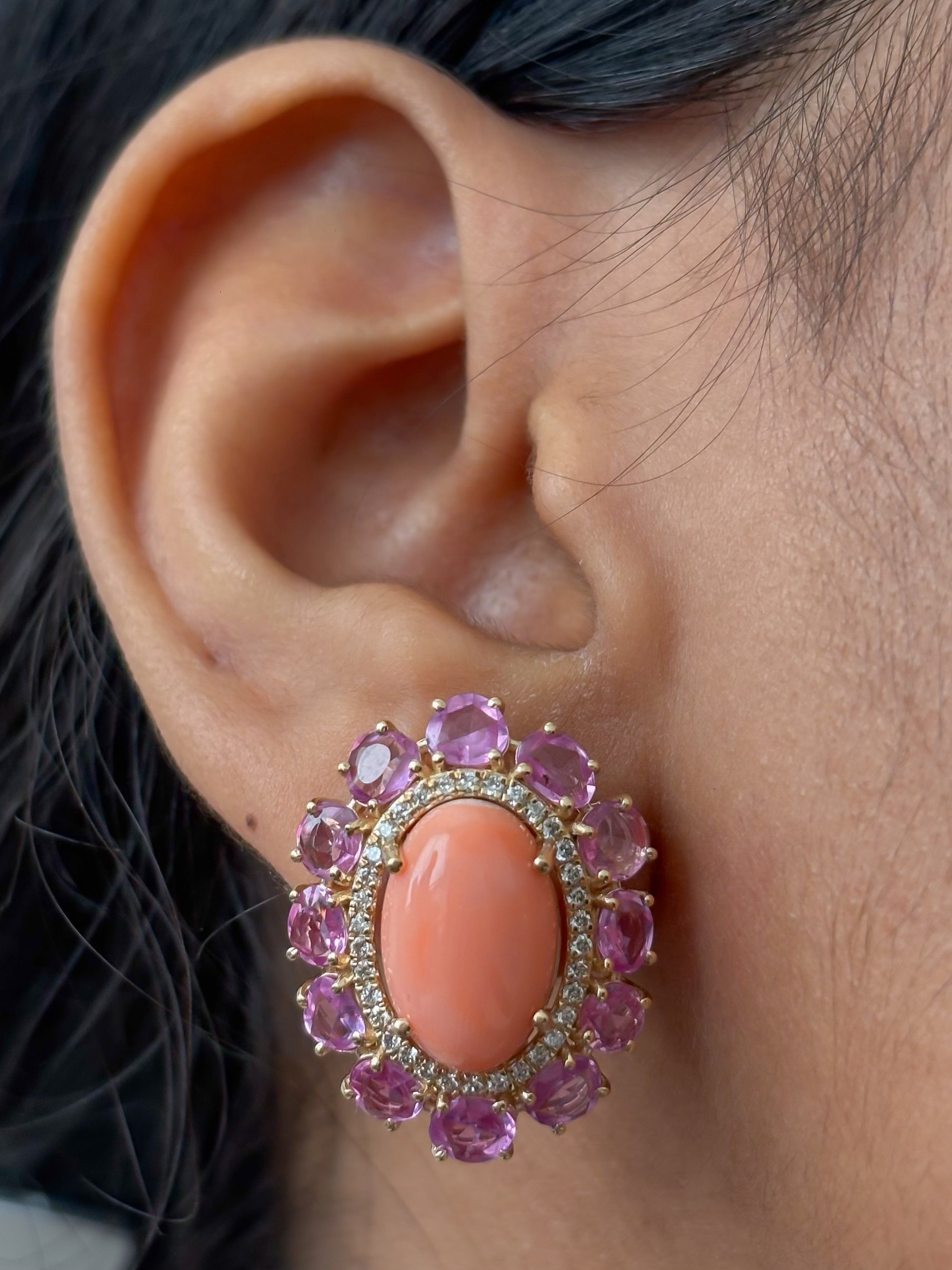 JPERG-4730/13426 Coral Pink Sapphire Diamond Earring | 14K
