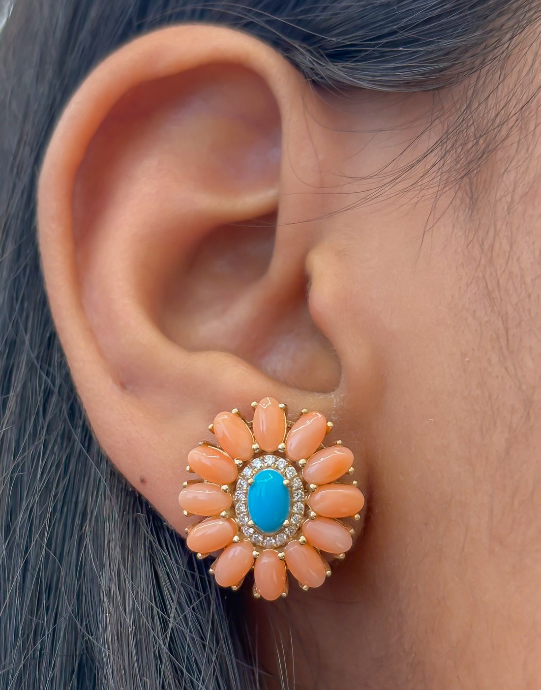 JPERG-4741/13441 Diamond Coral Turquoise Earring | 14K