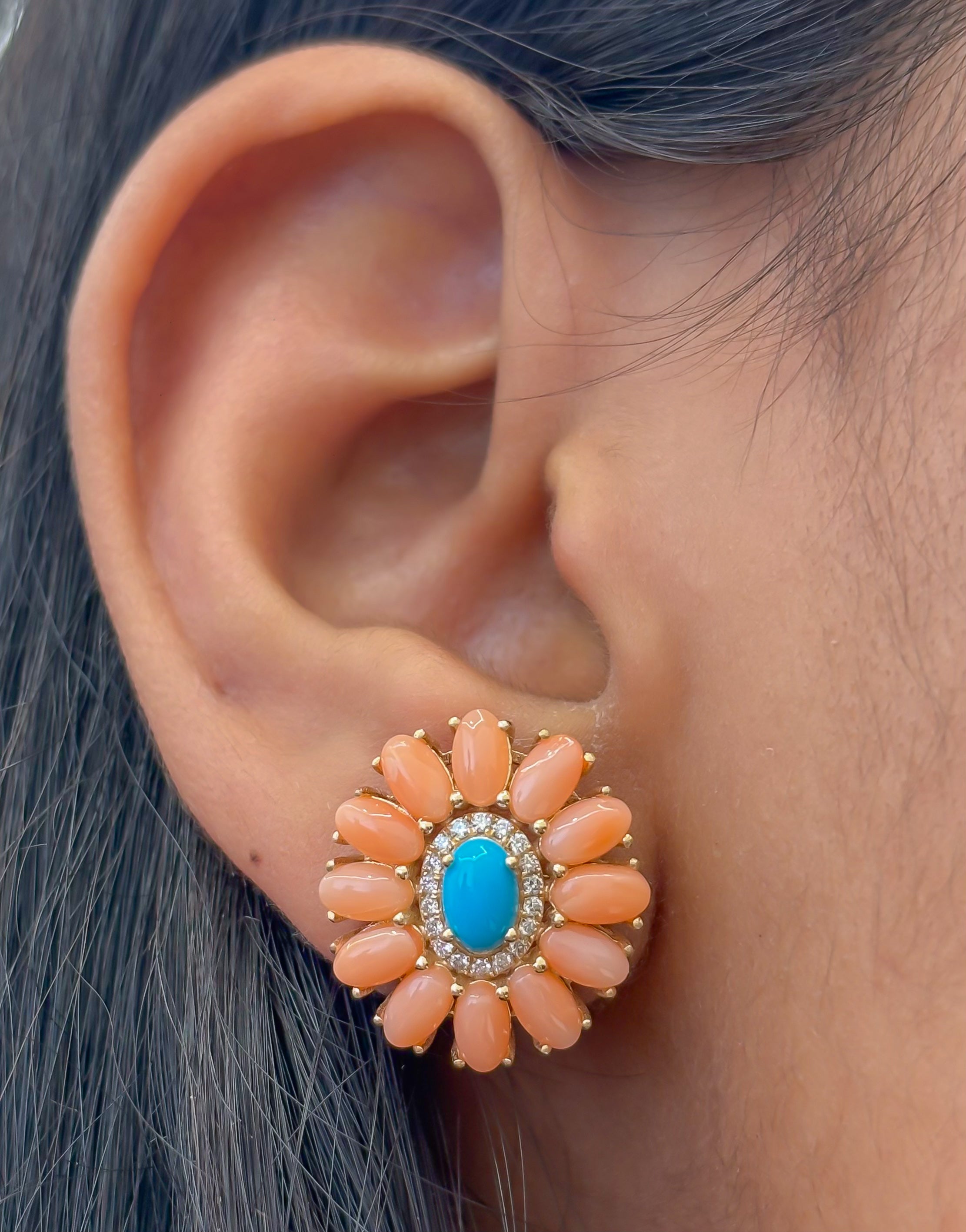 JPERG-4741/13441 Diamond Coral Turquoise Earring | 14K