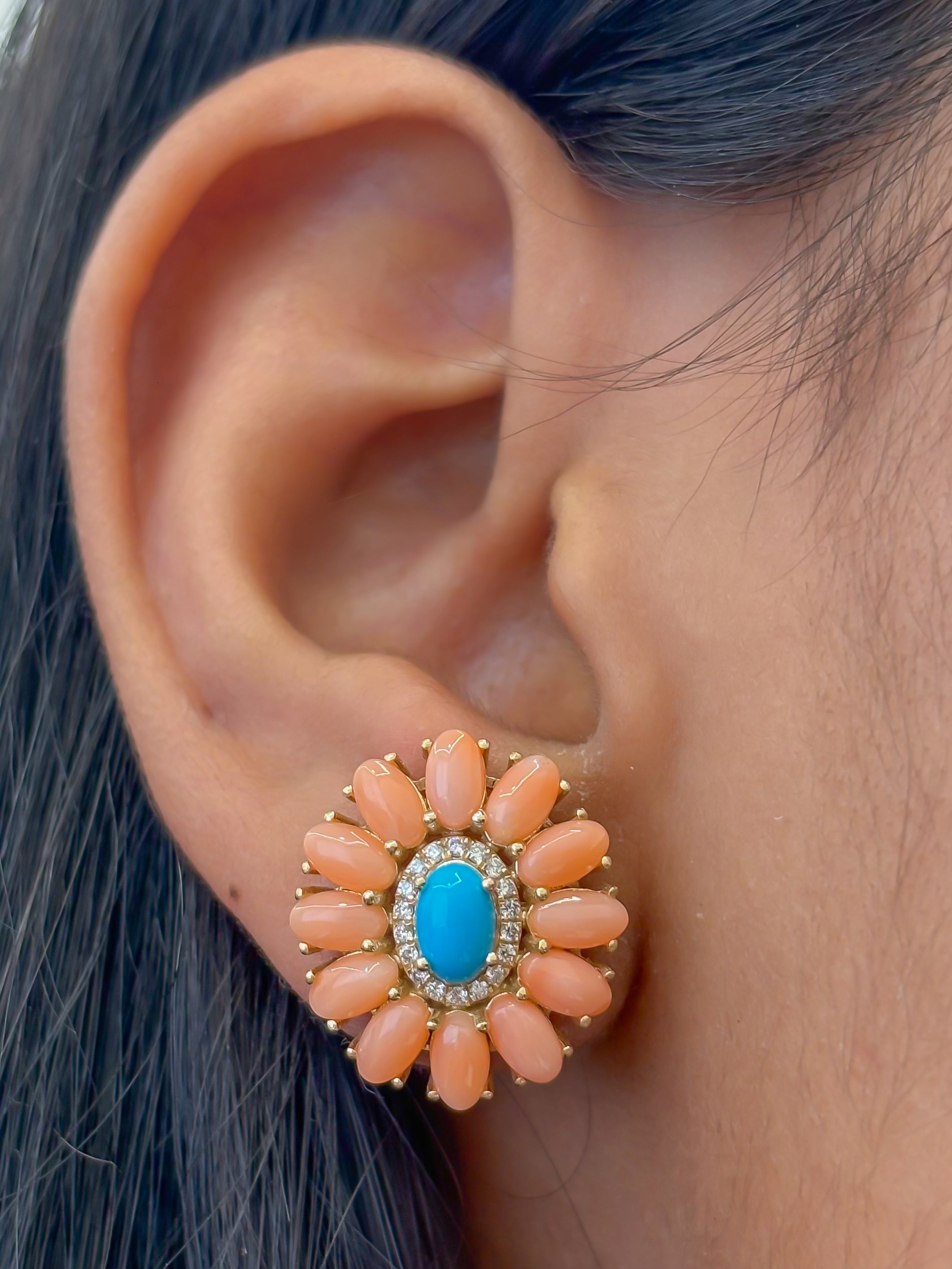 JPERG-4742/13442 Diamond Coral Turquoise Earring | 14K