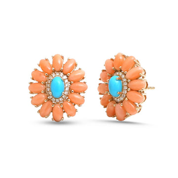 JPERG-4742/13442 Diamond Coral Turquoise Earring | 14K