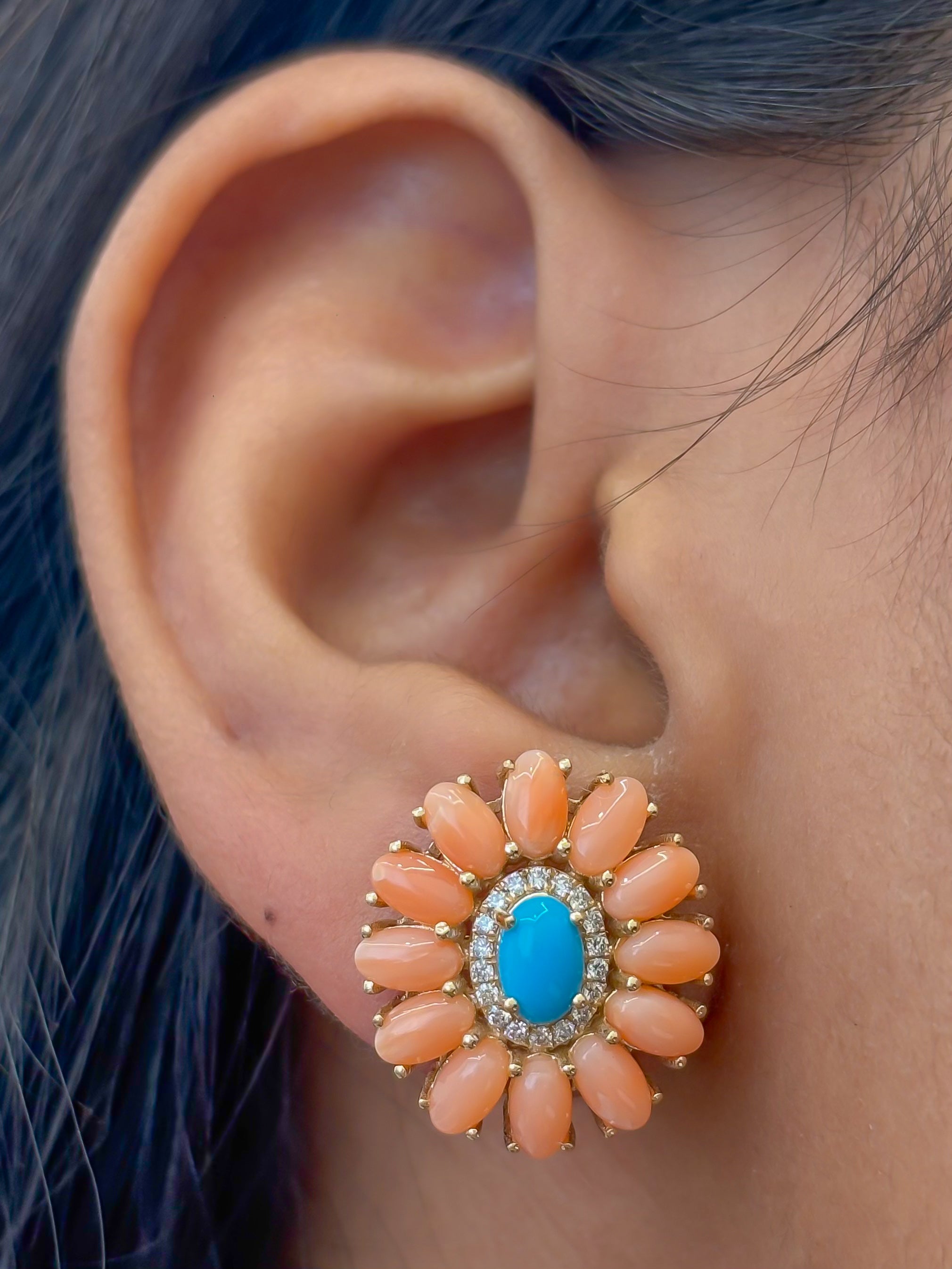 JPERG-4743/13443 Diamond Coral Turquoise Earring | 14K