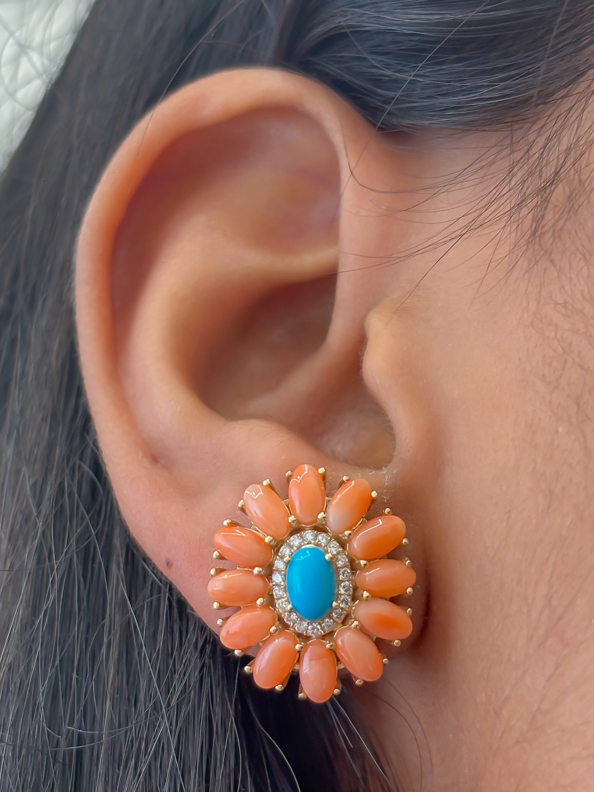 JPERG-4744/13444 Diamond Coral Turquoise Earring | 14K