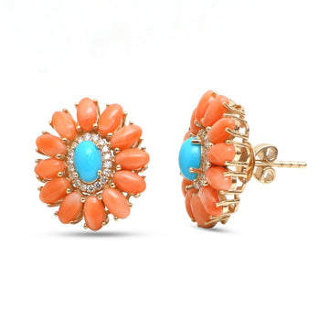 JPERG-4744/13444 Diamond Coral Turquoise Earring | 14K