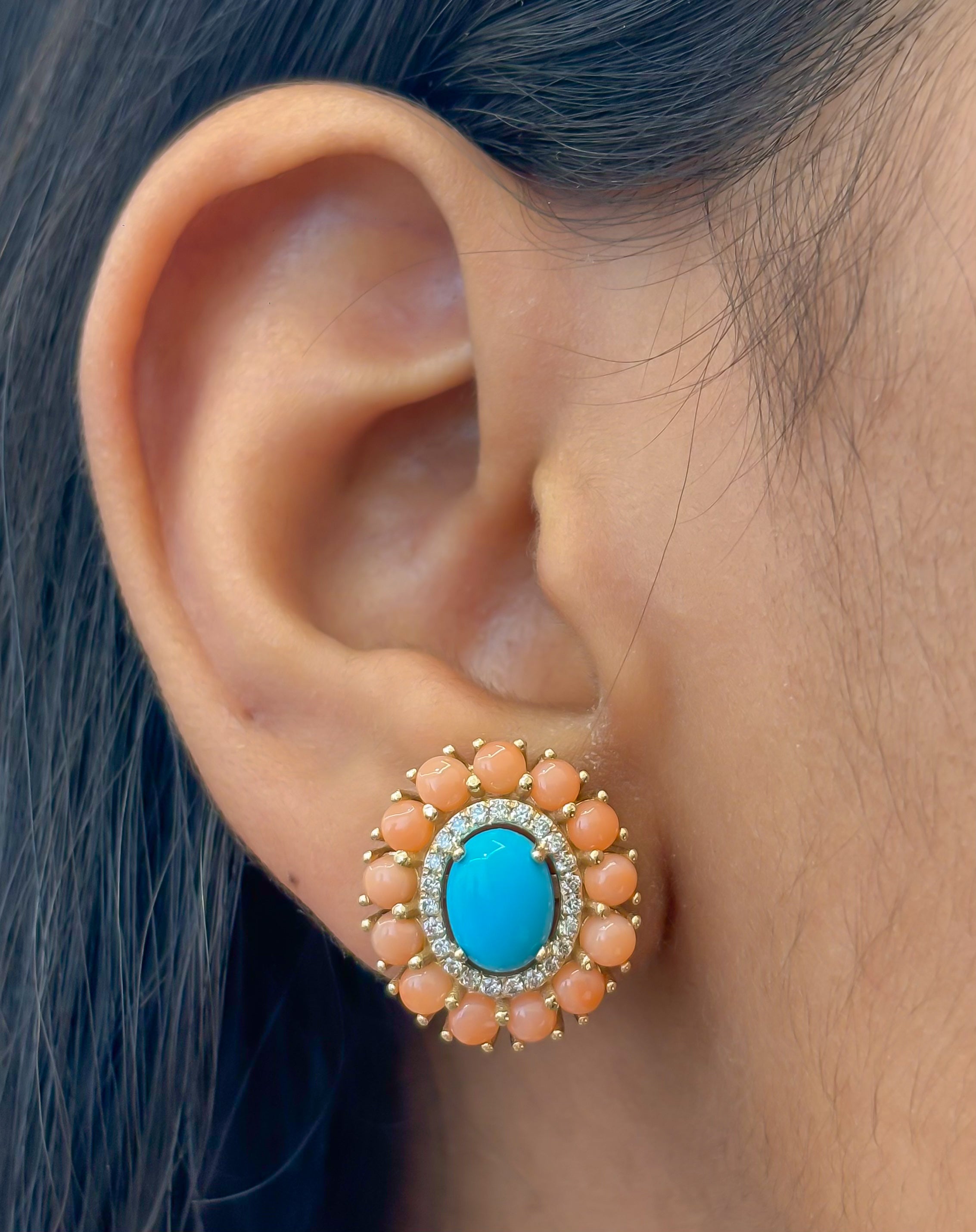 JPERG-4747/13447 Diamond Coral Turquoise Earring | 14K