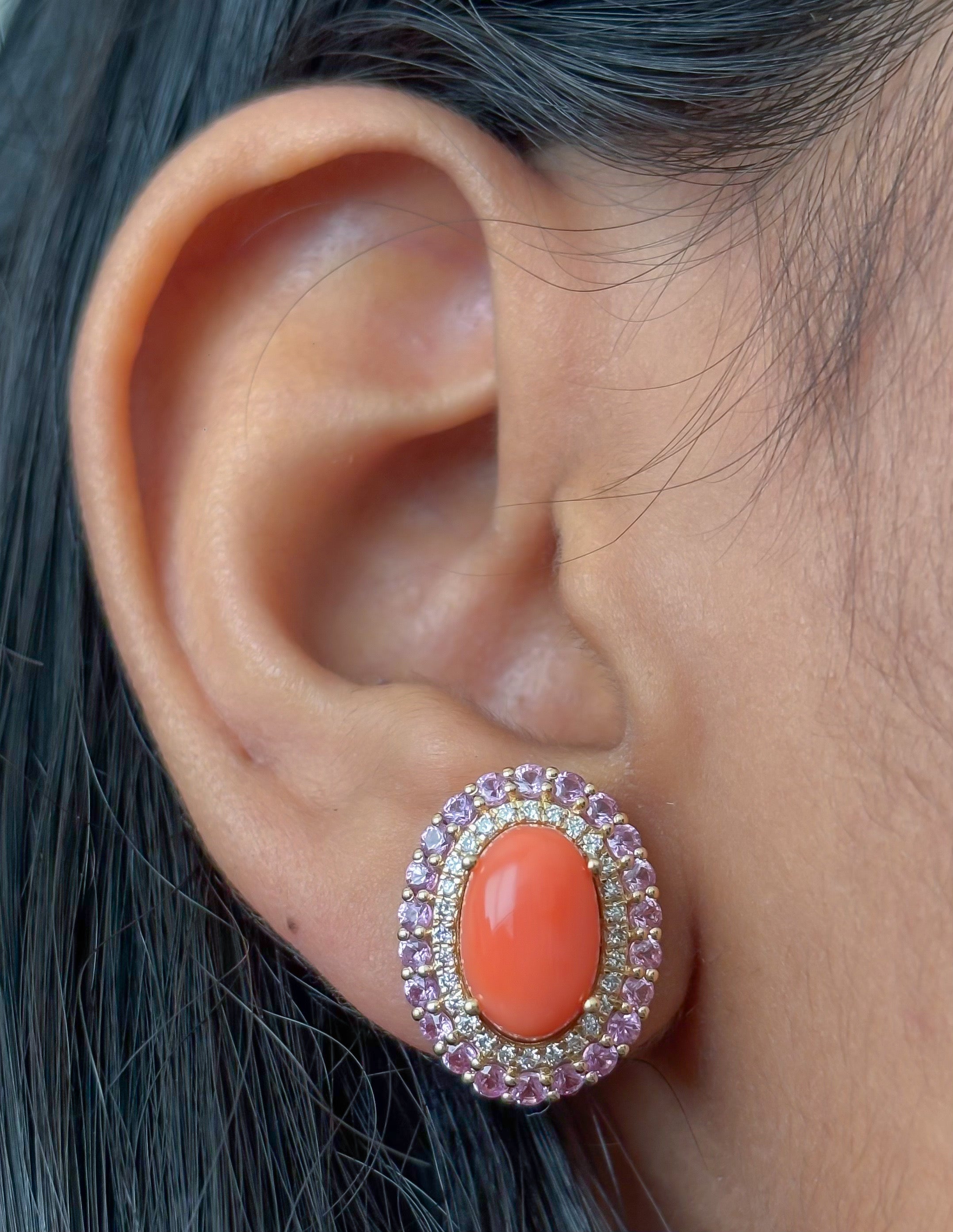 JPERG-4748/13458 Coral Pink Sapphire Diamond Earring | 14K