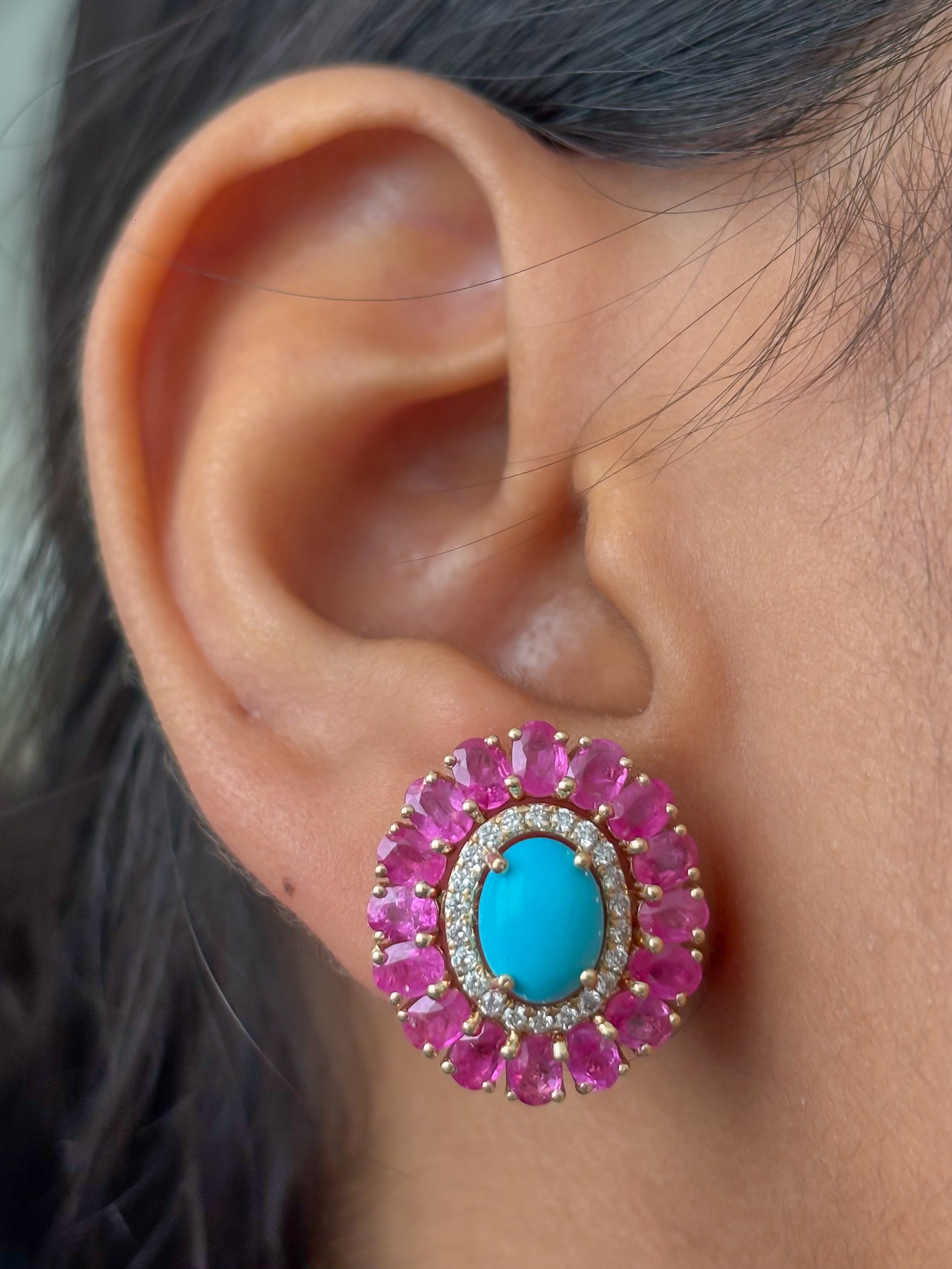 JPERG-4799/13694 Turquoise Pink Sapphire Diamond Earring | 14K