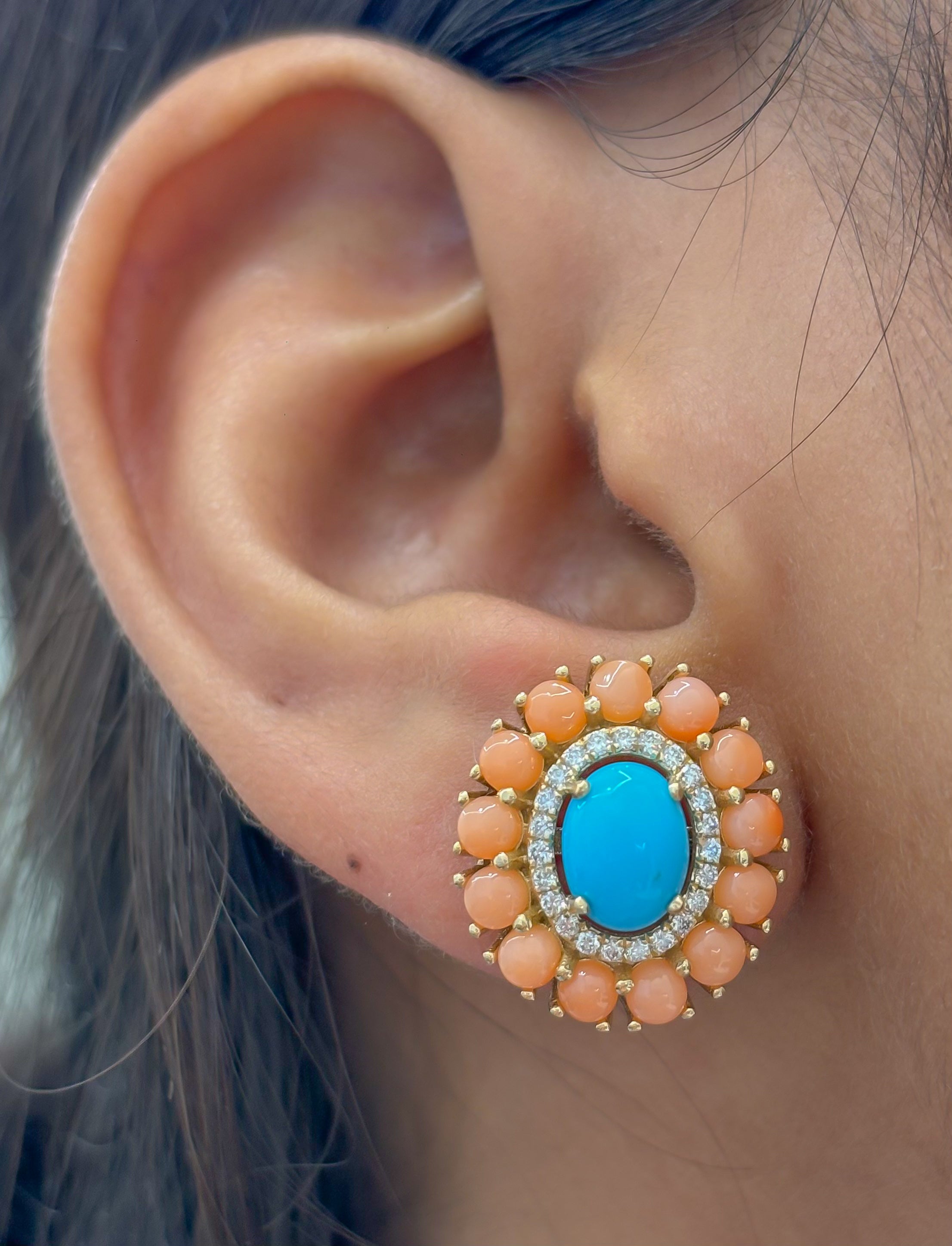 JPERG-4813/13741 Diamond Coral Turquoise Earring | 14K