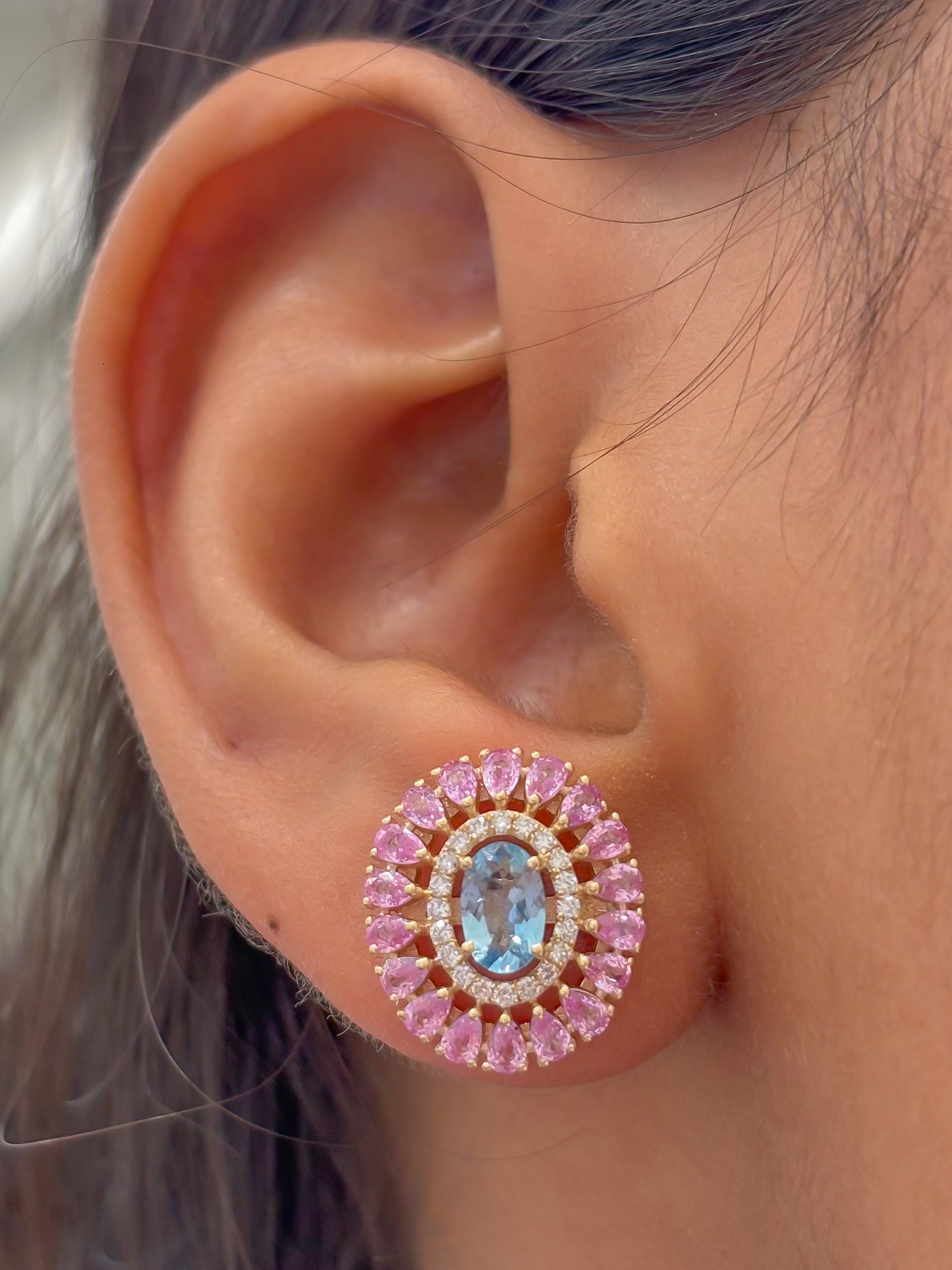 JPERG-4815/13743 Pink Sapphire Aquamarine Earring | 14K