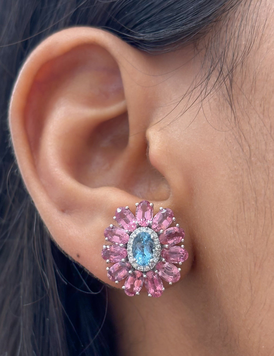 JPERG-4855/13905 Diamond Rubillite Aquamarine Earring | 14K