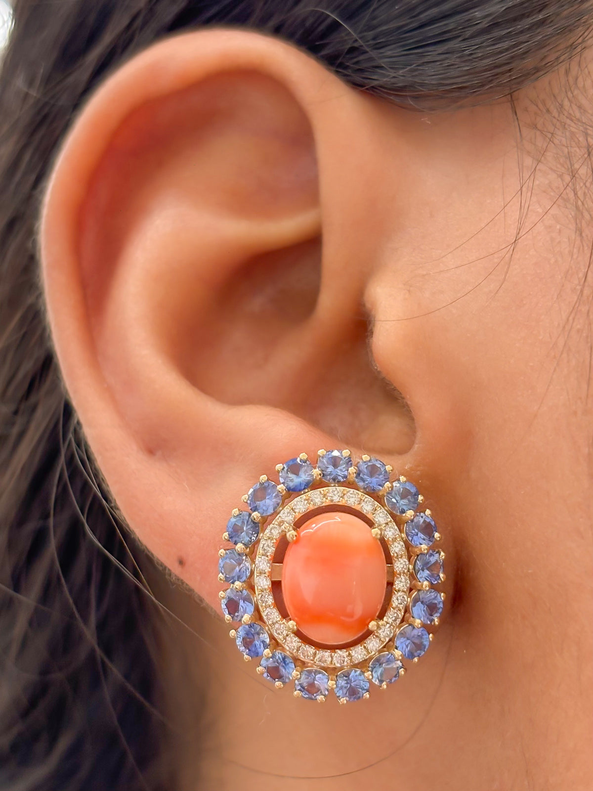 JPERG-4874/14021 Diamond Blue Sapphire Coral Earring | 14K