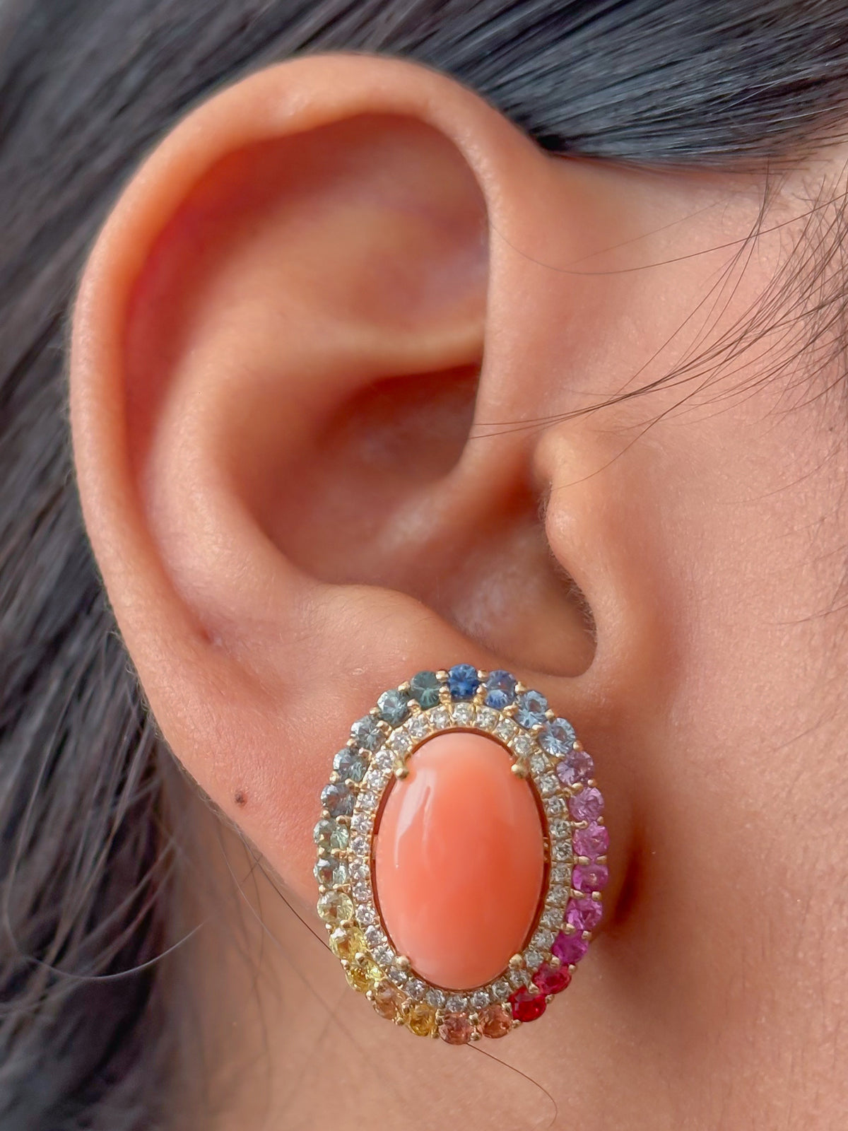 JPERG-4876/14033 Coral Rainbow Sapphire Diamond Earring | 14K
