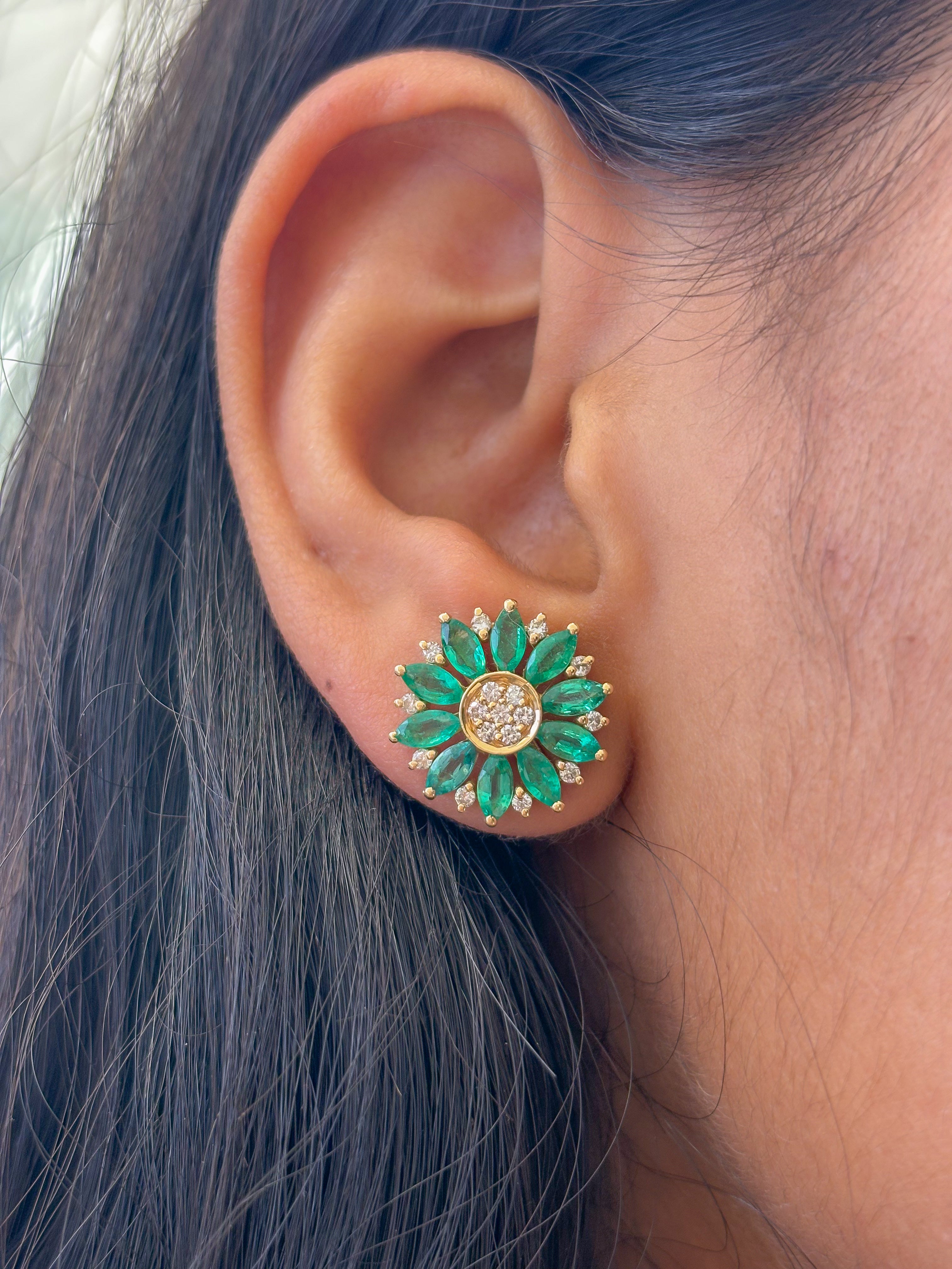 JPERG-488/2531 Emerald  Marquise With Diamond Studs Earring | 14K