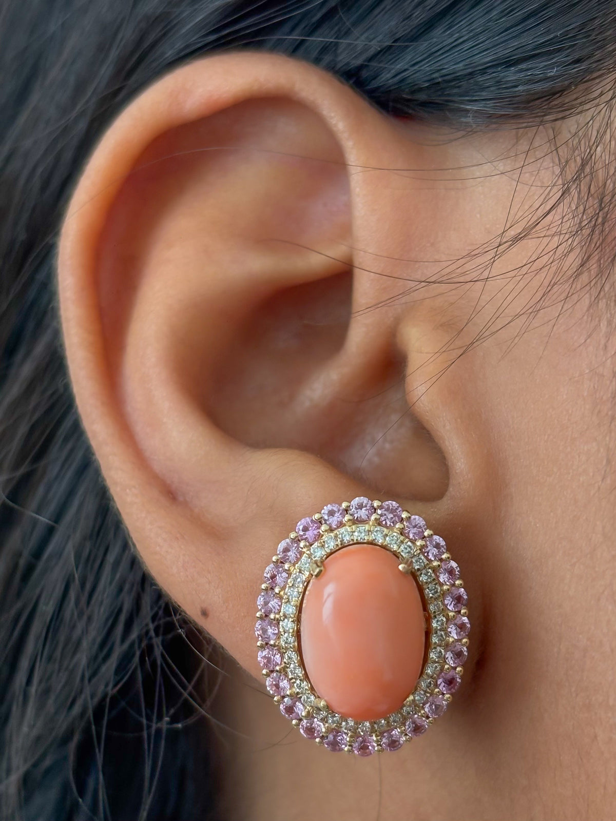 JPERG-4957/14569 Coral Pink Sapphire Diamond Earring | 14K