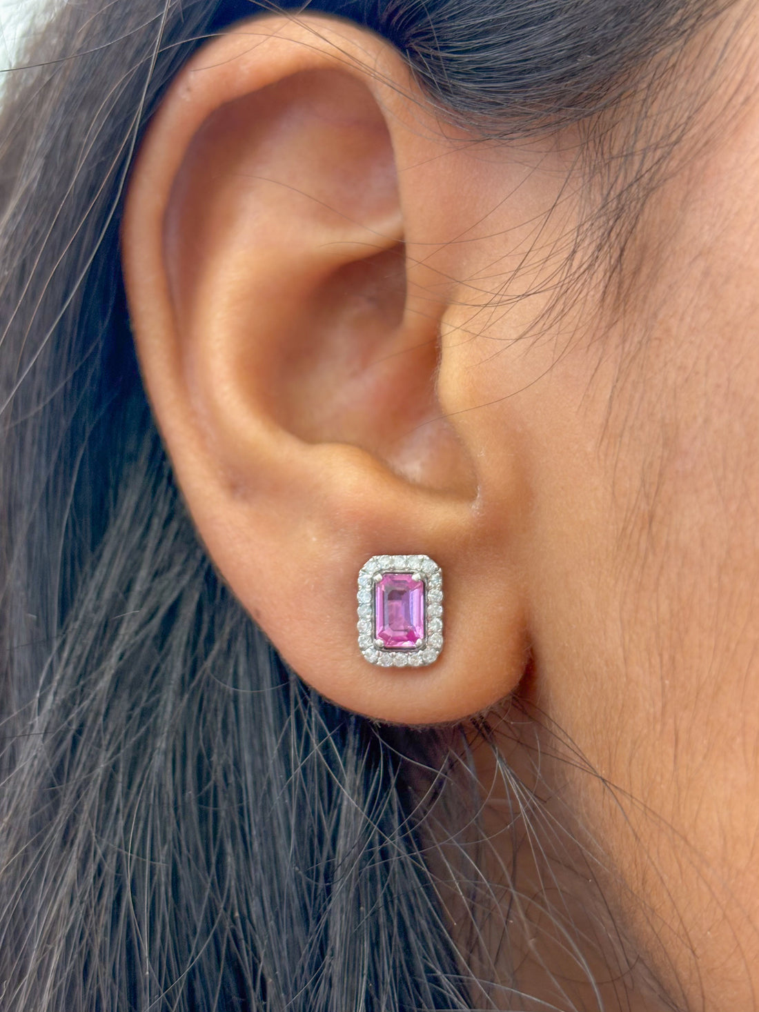 JPERG-524/2880 Pink Sapphire Octagon With Diamond Studs Earring | 18K